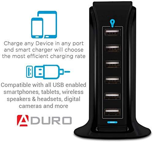 Aduro Aduro 40W 6-Port USB Desktop Charging Station Hub Wall Charger for iPhone iPad Tablets Smartphones with Smart Flow (Black)