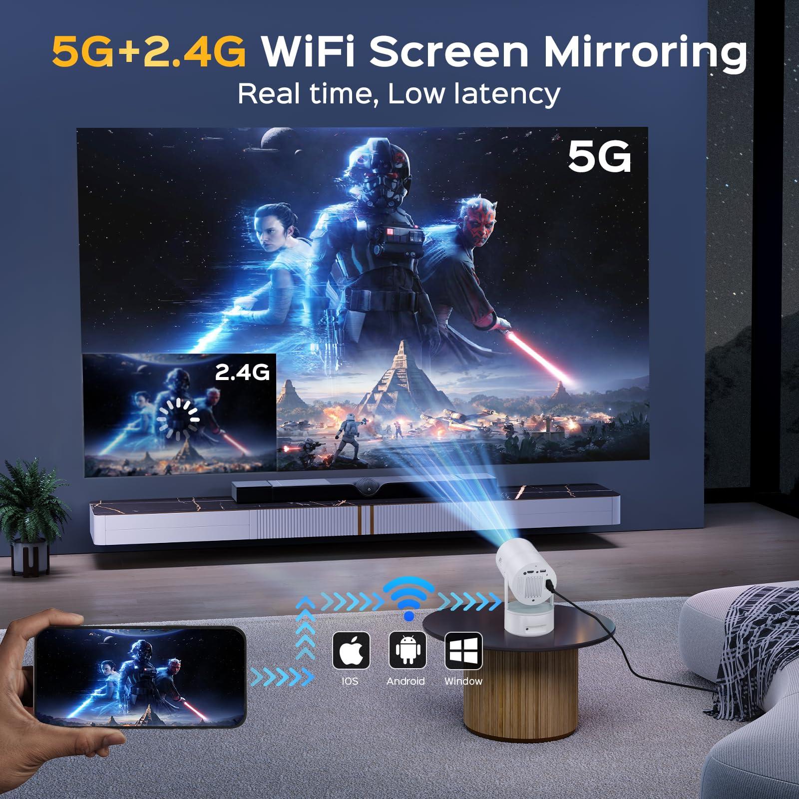 AUBOR MENTECH [Built-in Battery] Mini Projector with Wifi and Bluetooth, Rechargeable Portable Outdoor Smart Projector with Support 4K Decoding, Electric Focus Home Theater for Phone, White