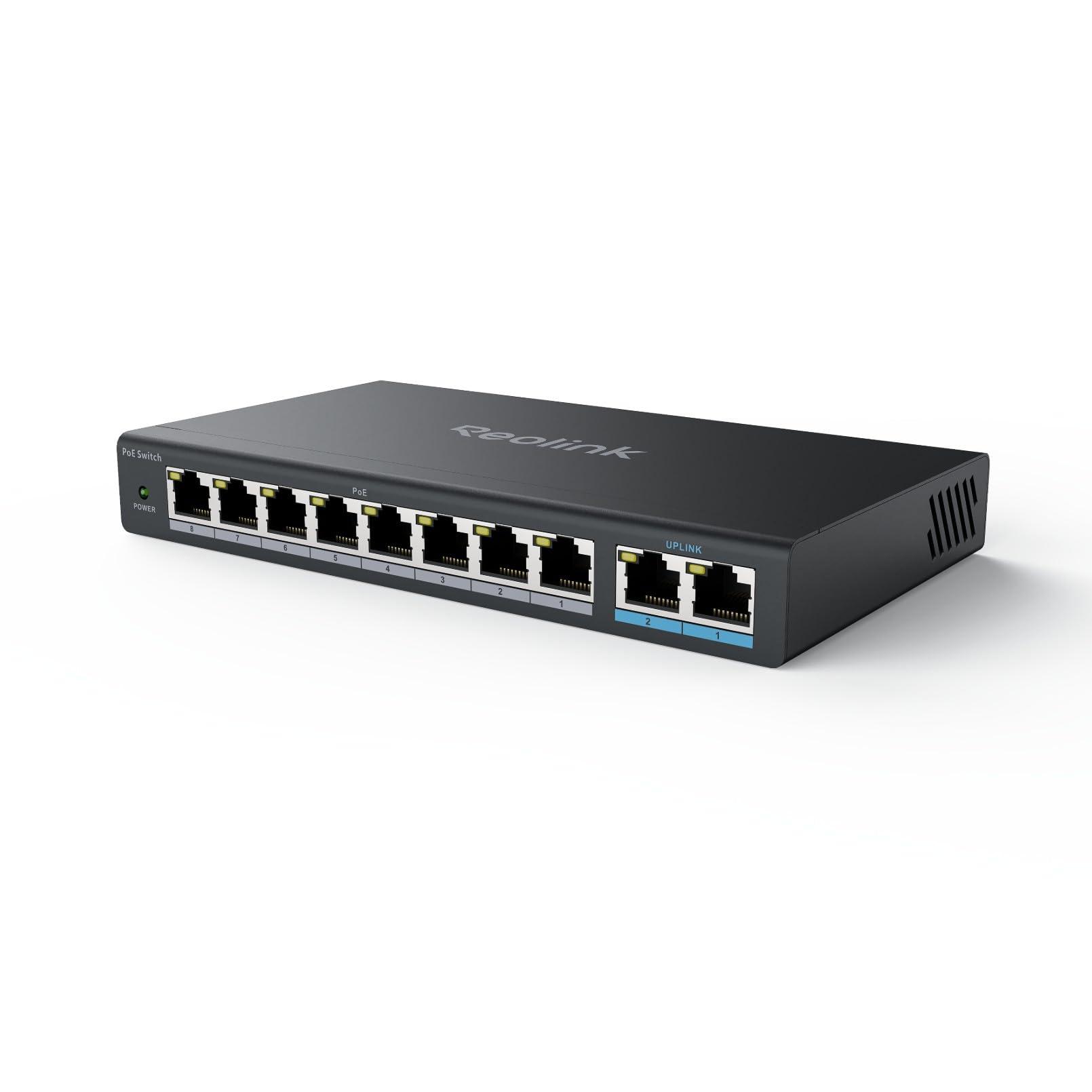 REOLINK REOLINK PoE Switch with 8 PoE and 2 Gigabit Uplink Ports, Ideal for REOLINK RLN36 NVR and Power Over Ethernet IP Cameras, IEEE802.3af/at, Metal Casing, Desktop/Wall Mount, RLA-PS1