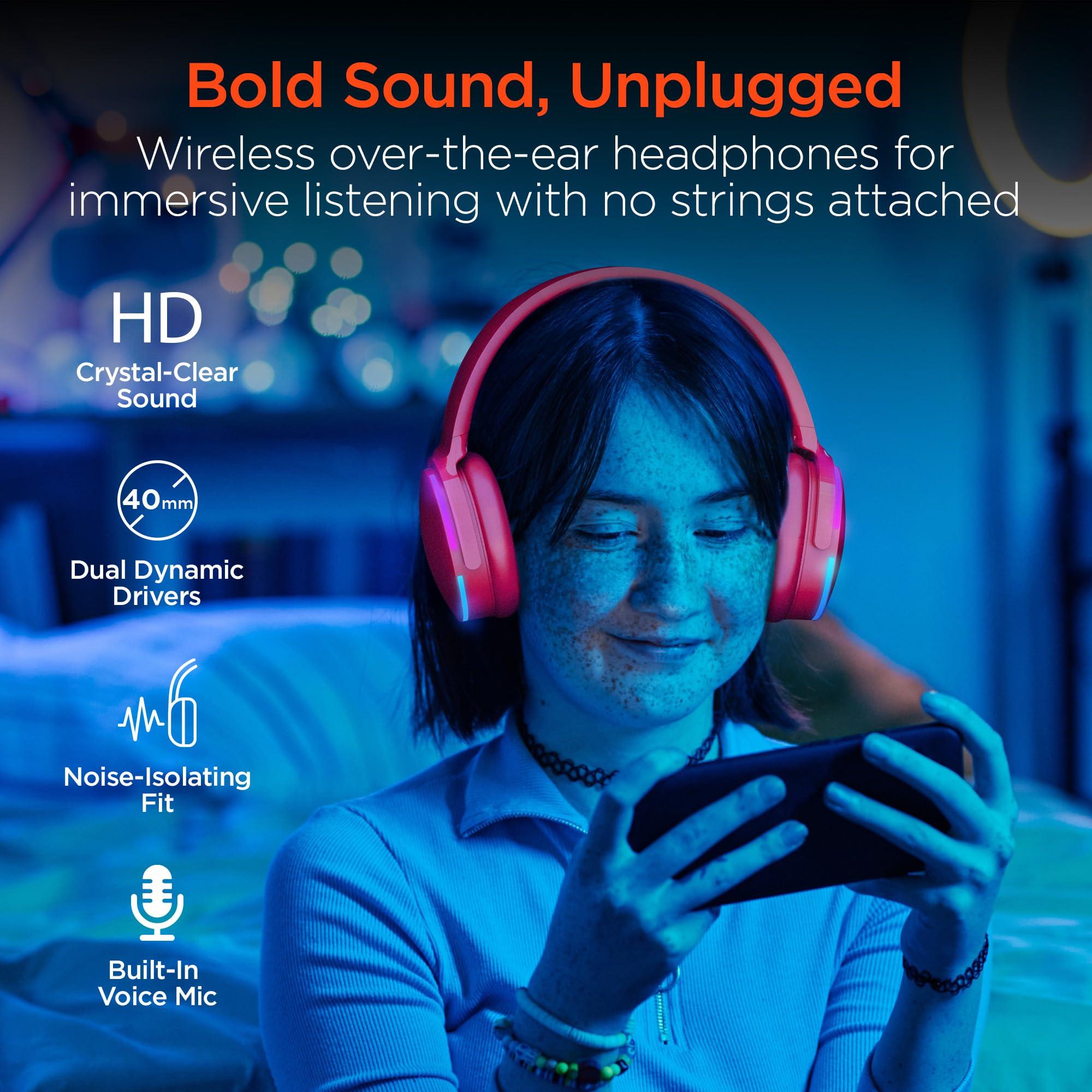 HyperGear HyperGear Wireless Bluetooth Headphones + Loud HD Stereo Sound Speaker Over-Ear Noise-Isolating Fit Headset with Built-in Mic [LED Light Up Earphones + Speaker] Red