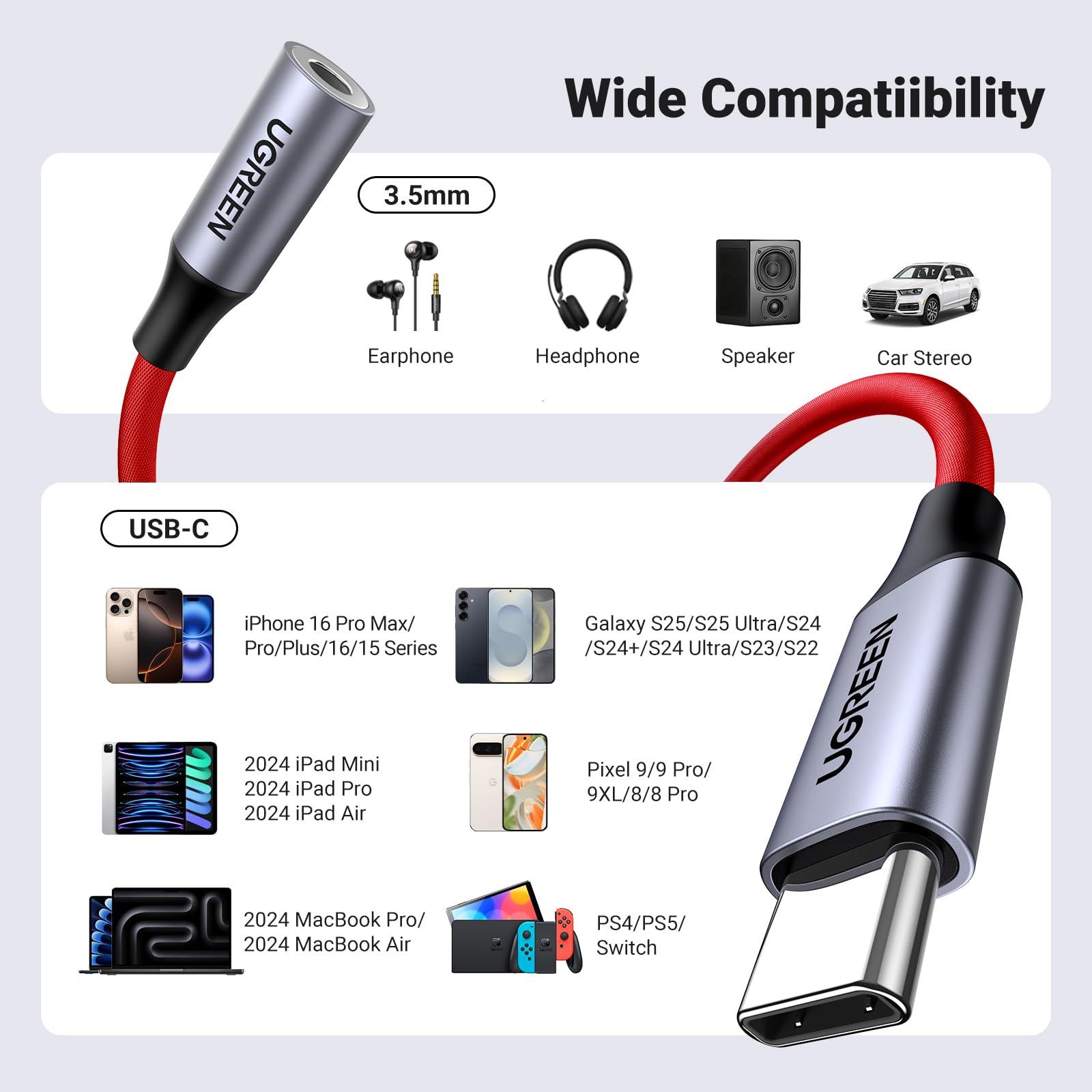 UGREEN UGREEN USB C to 3.5mm Audio Adapter Type C to Headphone Aux Jack Dongle 24bit/96kHz HiFi DAC Cable Cord Compatible with iPhone 16 15 Pro Max/16 Plus, iPad, Galaxy S25 S24 Ultra, Pixel 9, Red