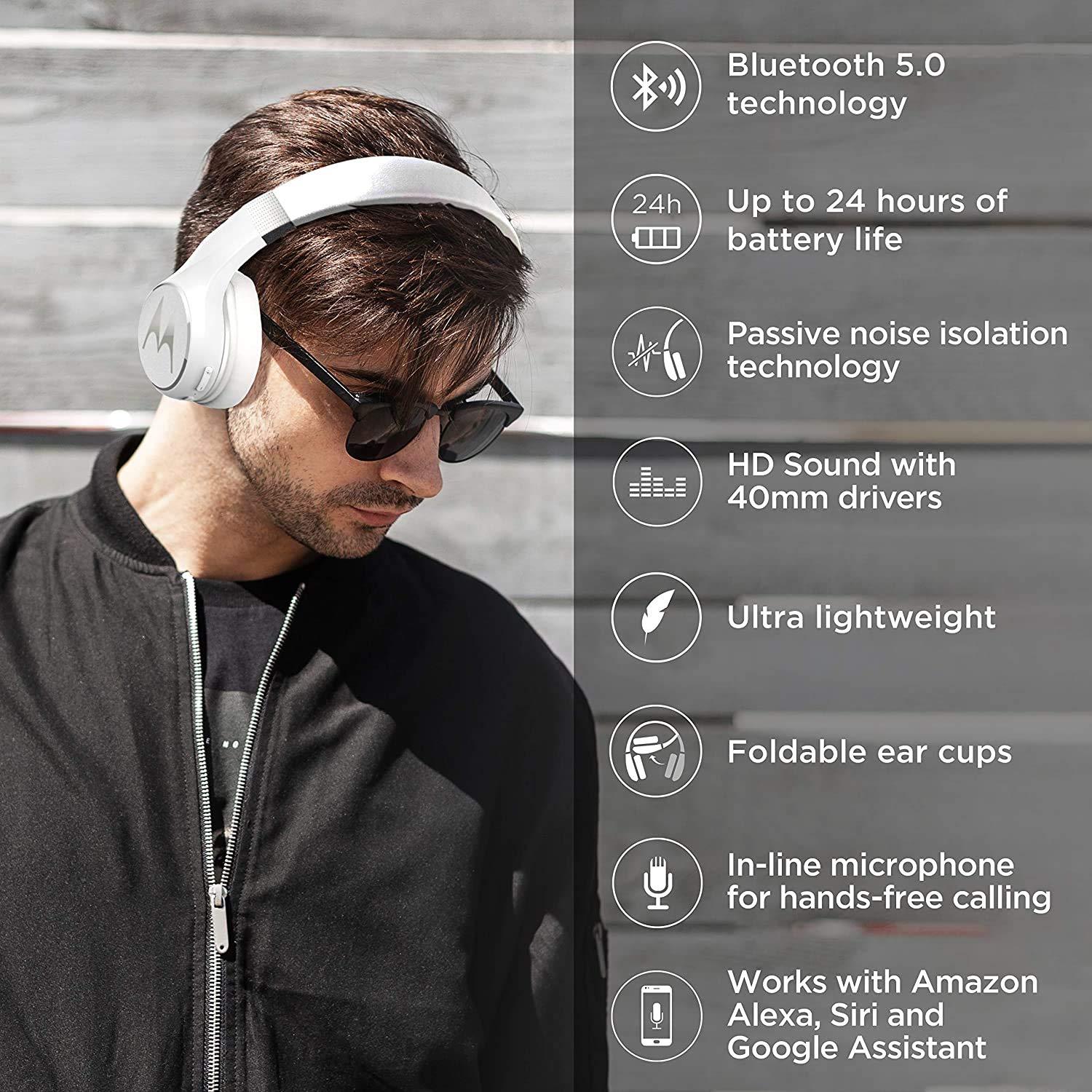 Motorola Motorola Escape 220 Over-The-Ear Bluetooth Wireless Headphones - HD Sound, Built-in Microphone, 23-Hour Play Time, Noise Isolation - Foldable & Compact - White (Renewed)