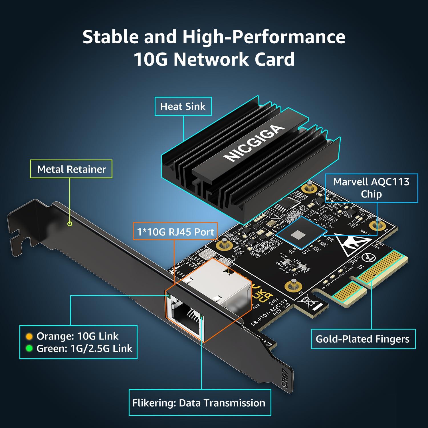NICGIGA 10G Base-T PCI-e Network Card, Marvell AQC113 Controller, NICGIGA 10Gb Ethernet Adapter Support WOL, 10Gbe RJ45 Port NIC Card, Windows10/11/Windows Server/Linux