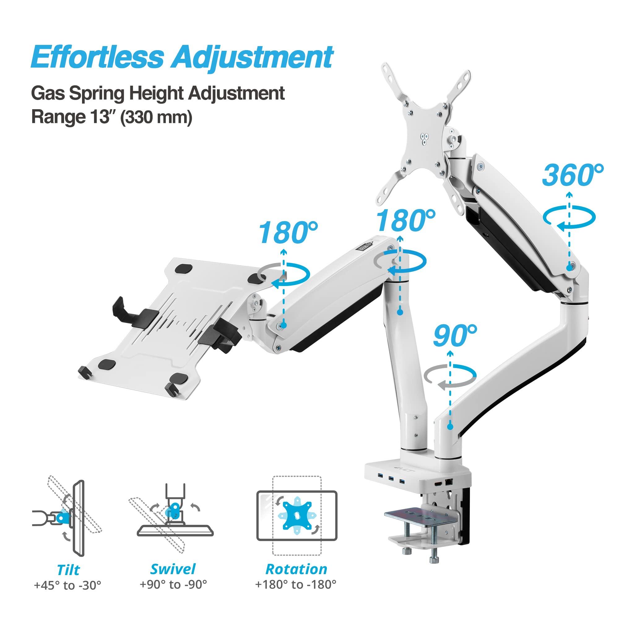AVLT AVLT Dual 17-43\" Monitor Arm Desk Mount with 15\" Laptop Tray and USB-C Docking Station, HDMI 4K60Hz, USB-A 5Gbps, Ethernet, 100W PD, Fits Two Flat/Curved Monitor - White