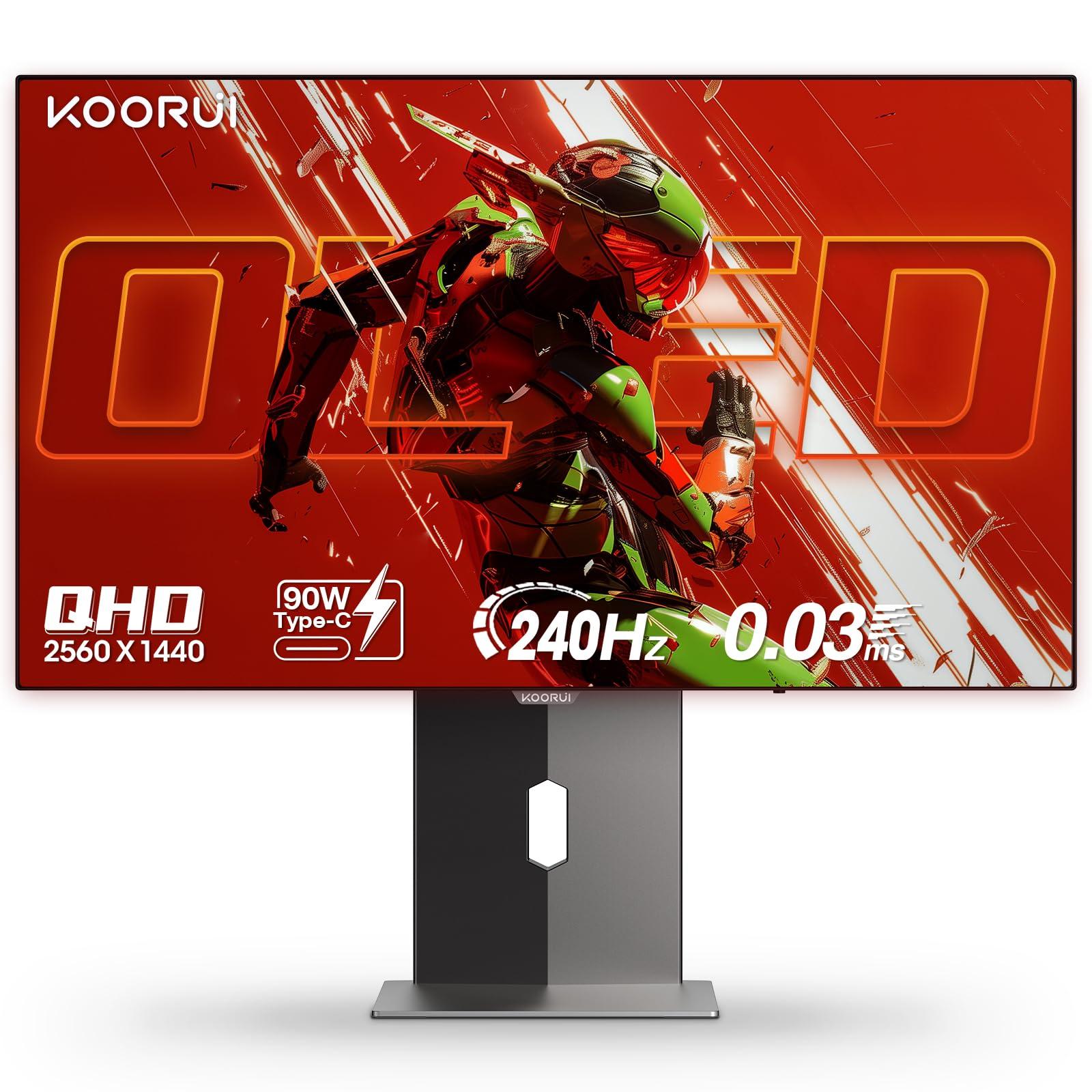KOORUI KOORUI 27 inch OLED Gaming Monitor, 1440P 240Hz Computer Monitor, 0.03ms, AdaptiveSync Compatible, 90W Type-C Charge, DCI-P3, Slim Screen, HDMI 2.0, DisplayPort 1.4, USB-C 3.1, VESA, Black, 27E8QK