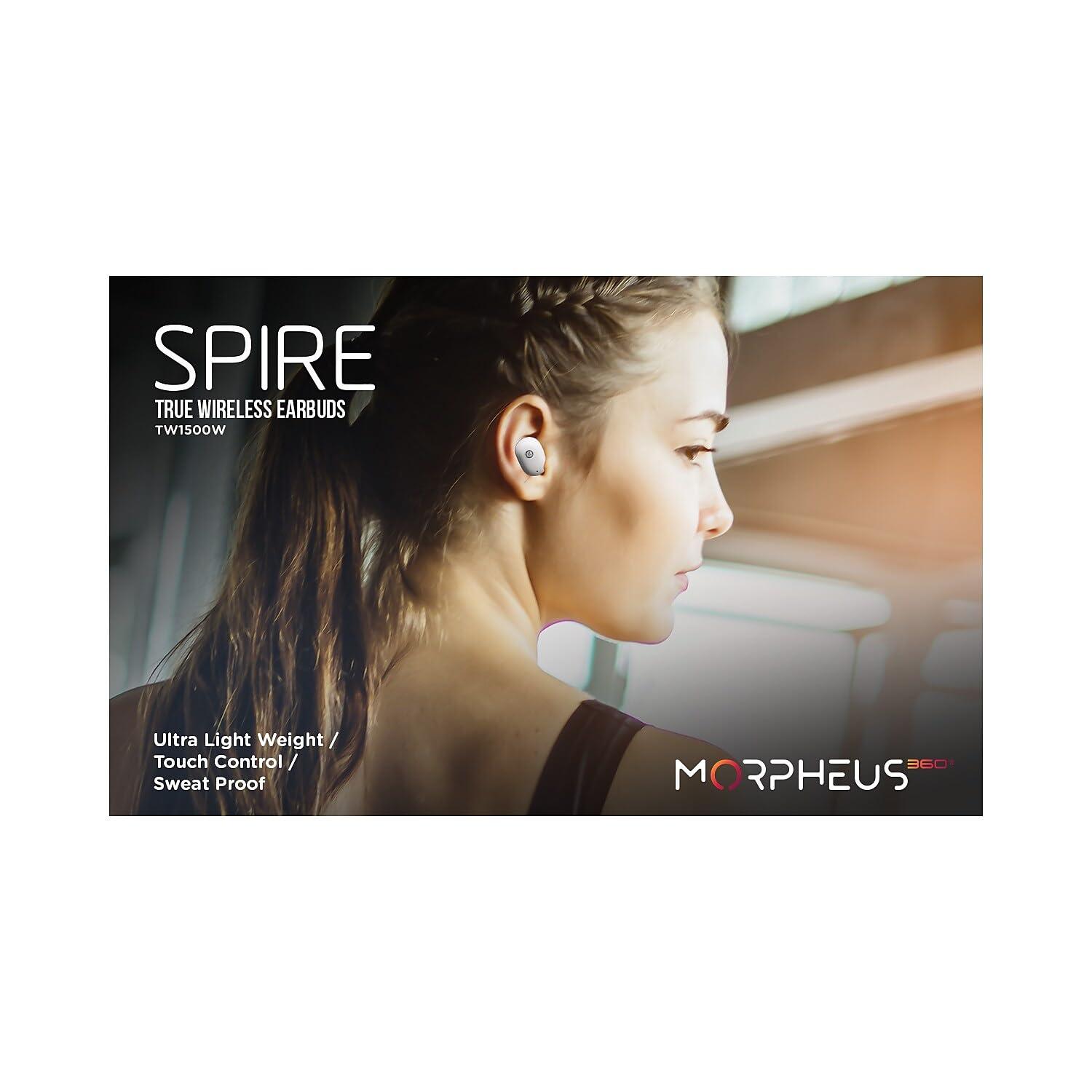 Morpheus 360 Morpheus 360 Spire True Wireless Earbuds, Wireless Microphone, Bluetooth 5.2 Wireless Ear Buds, One Touch Media Control, Waterproof Earbuds, with Recharging Earbud Case - White