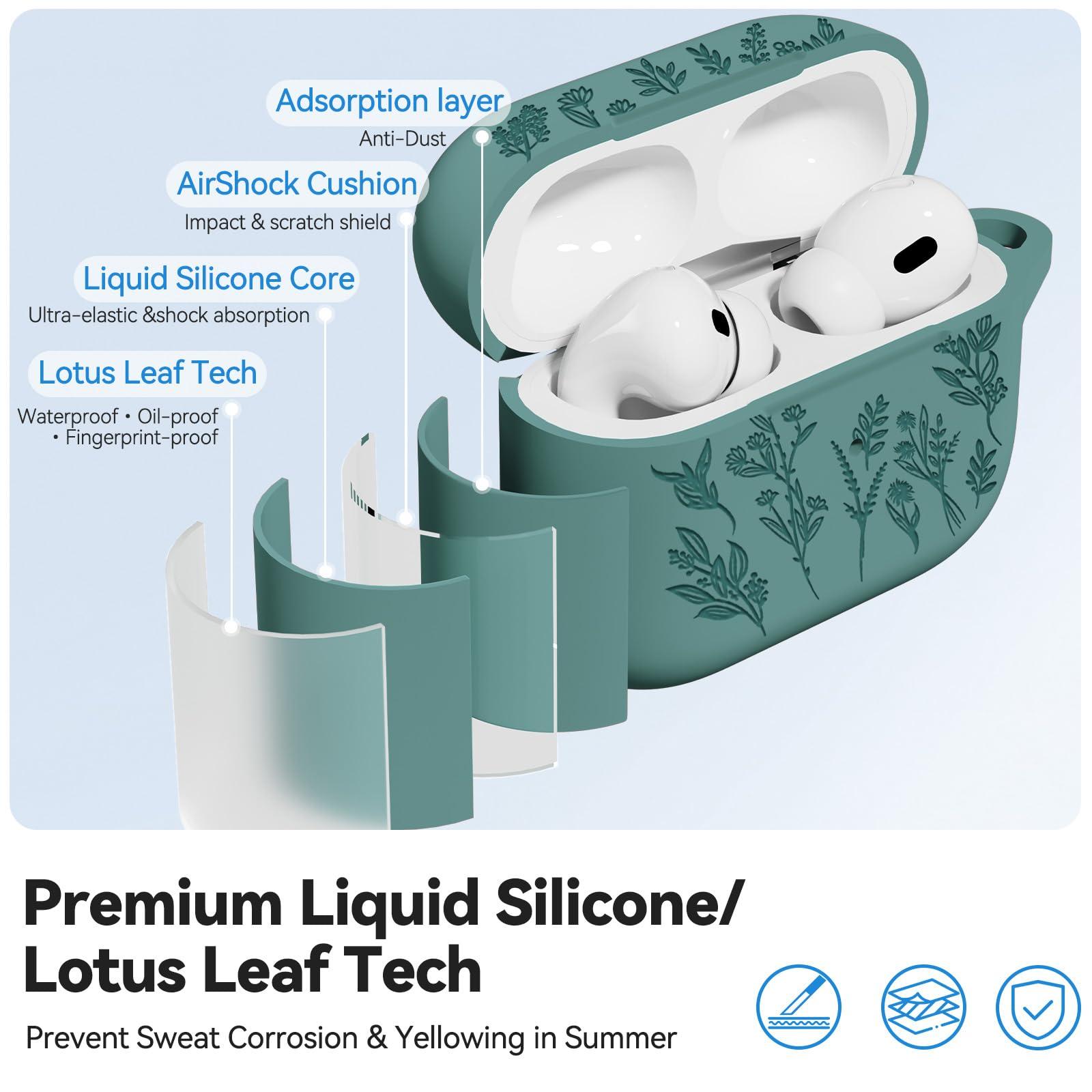 Ekoonpft for AirPods Pro 2 Case, Ekoonpft Silicone AirPod Pro Cases with 3-in-1 Cleaning Kit & Keychain, Flower Engraved Cover for Apple AirPods Pro 2nd/1st Generation, Shockproof & Anti-Scratch