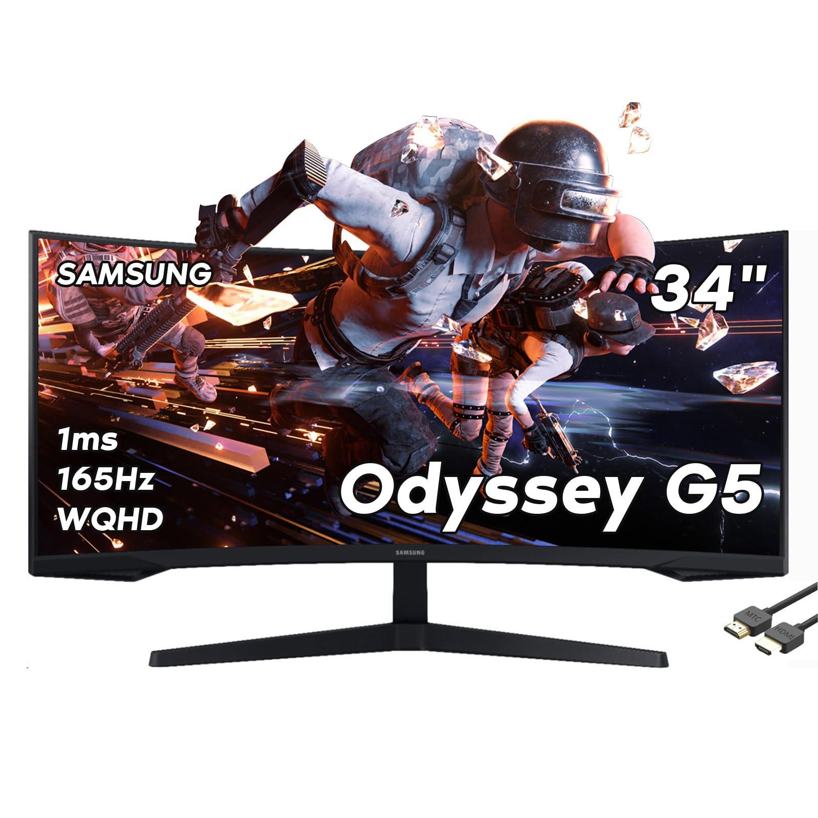 SAMSUNG SAMSUNG 34\" Odyssey G5 Ultra-Wide Gaming Monitor, 1000R Curved, 165Hz, 1ms, FreeSync Premium, WQHD, Black, with MTC HDMI Cable