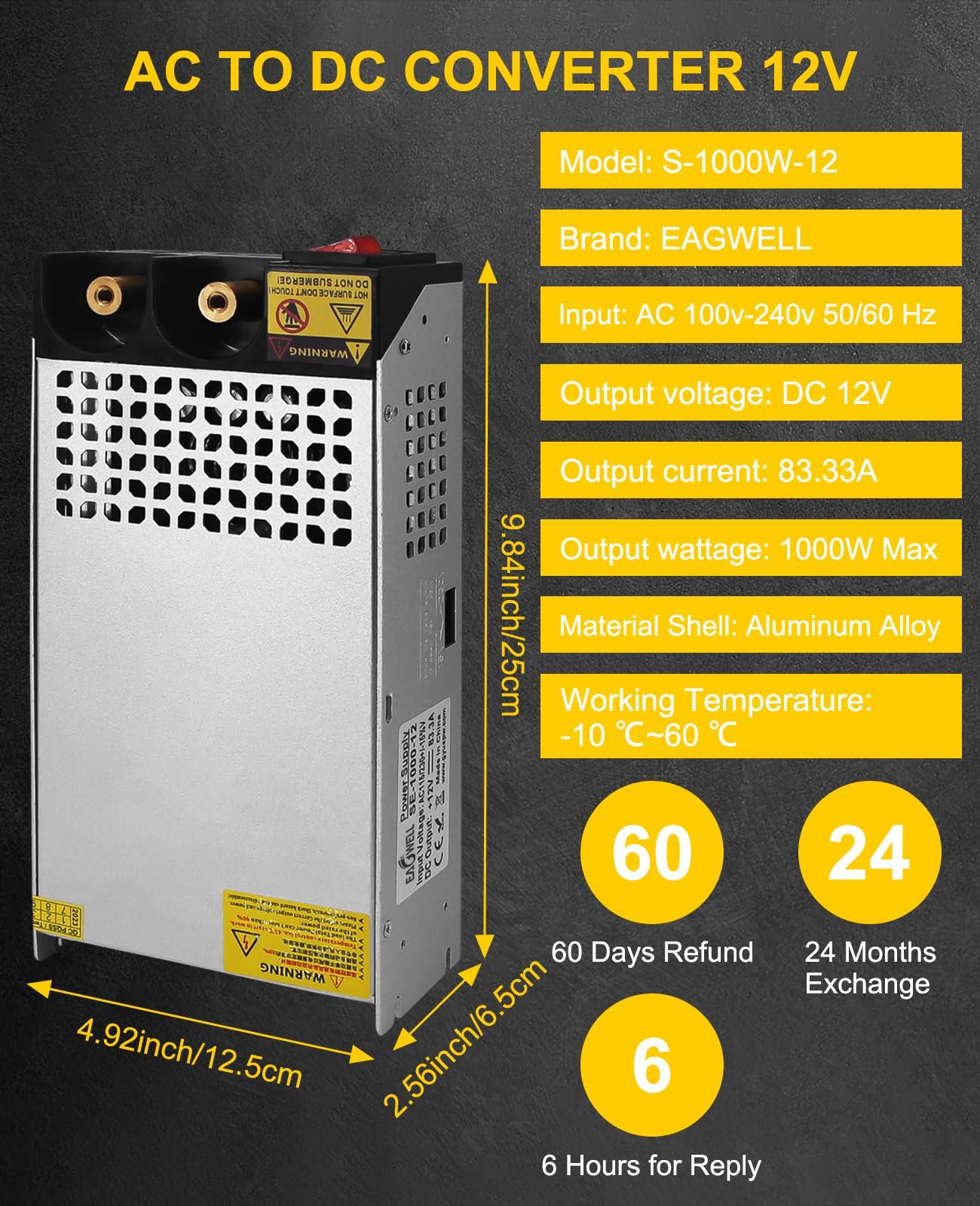 EAGWELL AC to DC Converter 12V Power Supply 1000W, Universal SMPS 120V AC to 12V DC Converter Switching Power Supply 12V Transformer Driver Adapter for RV,Pump,LED Strip, LCD Monitor