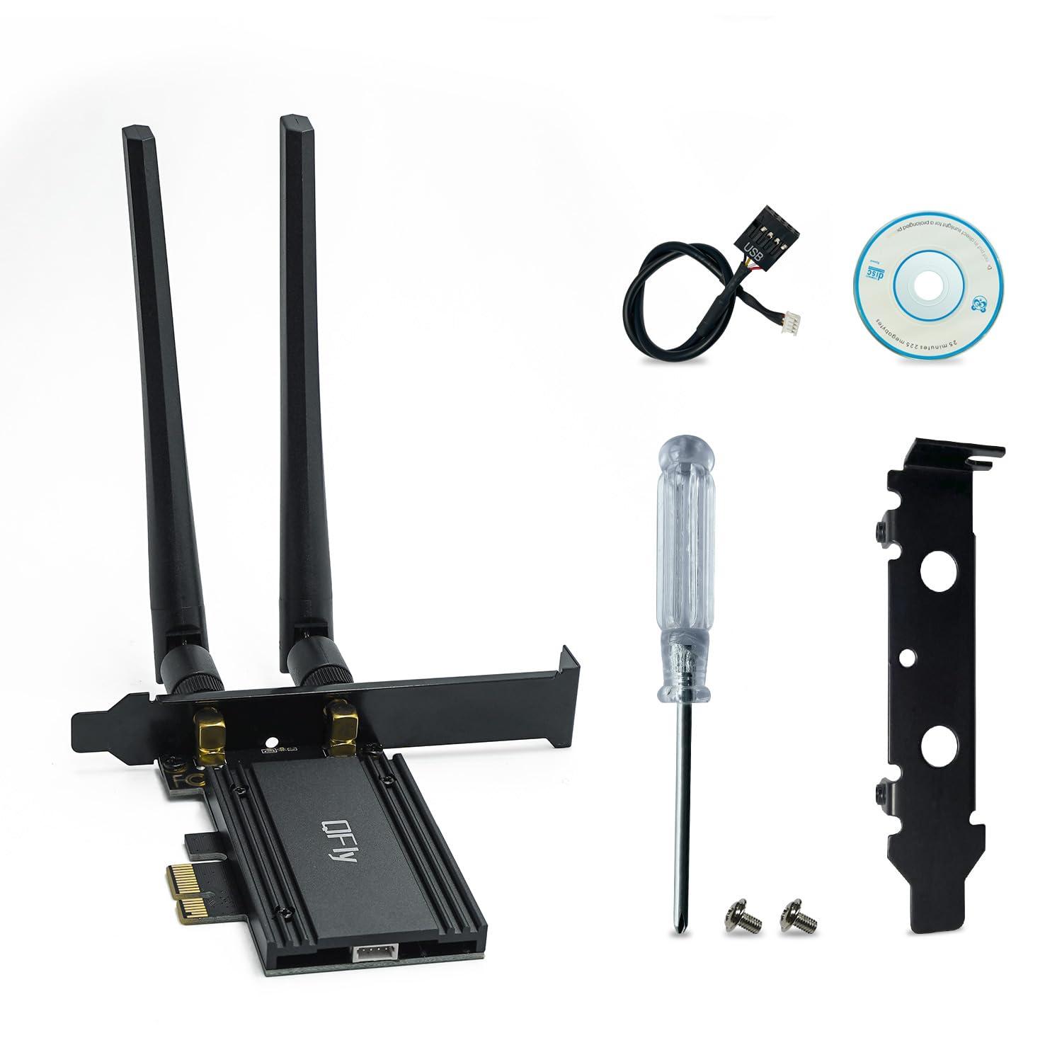 QFly QFly PCIe WiFi 6E Card, AX210 Network Card Adapter for PC Gaming, Bluetooth 5.3, Tri-Band (802.11ax) 5400Mbps 6GHz Wireless LAN Cards with MU-MIMO, OFDMA, Support Windows 10/11 (64-bit)