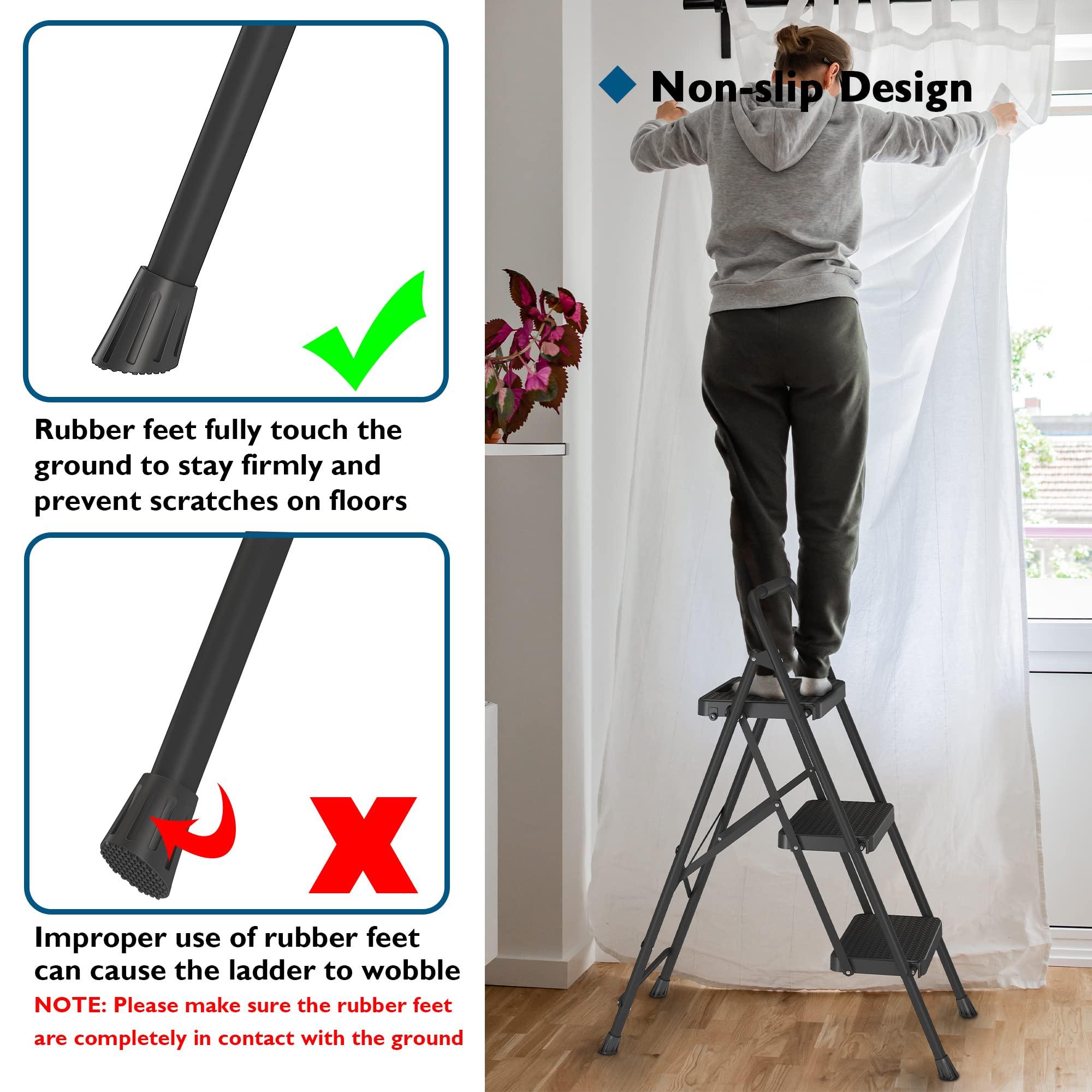 BONTEC BONTEC 3-Step Ladder, Folding Step Stool with Wide Anti-Slip Pedals, Max Load Capacity 600lbs Sturdy Steel Ladder, Convenient Handgrip, Lightweight Portable Step Stool for Adults, Black