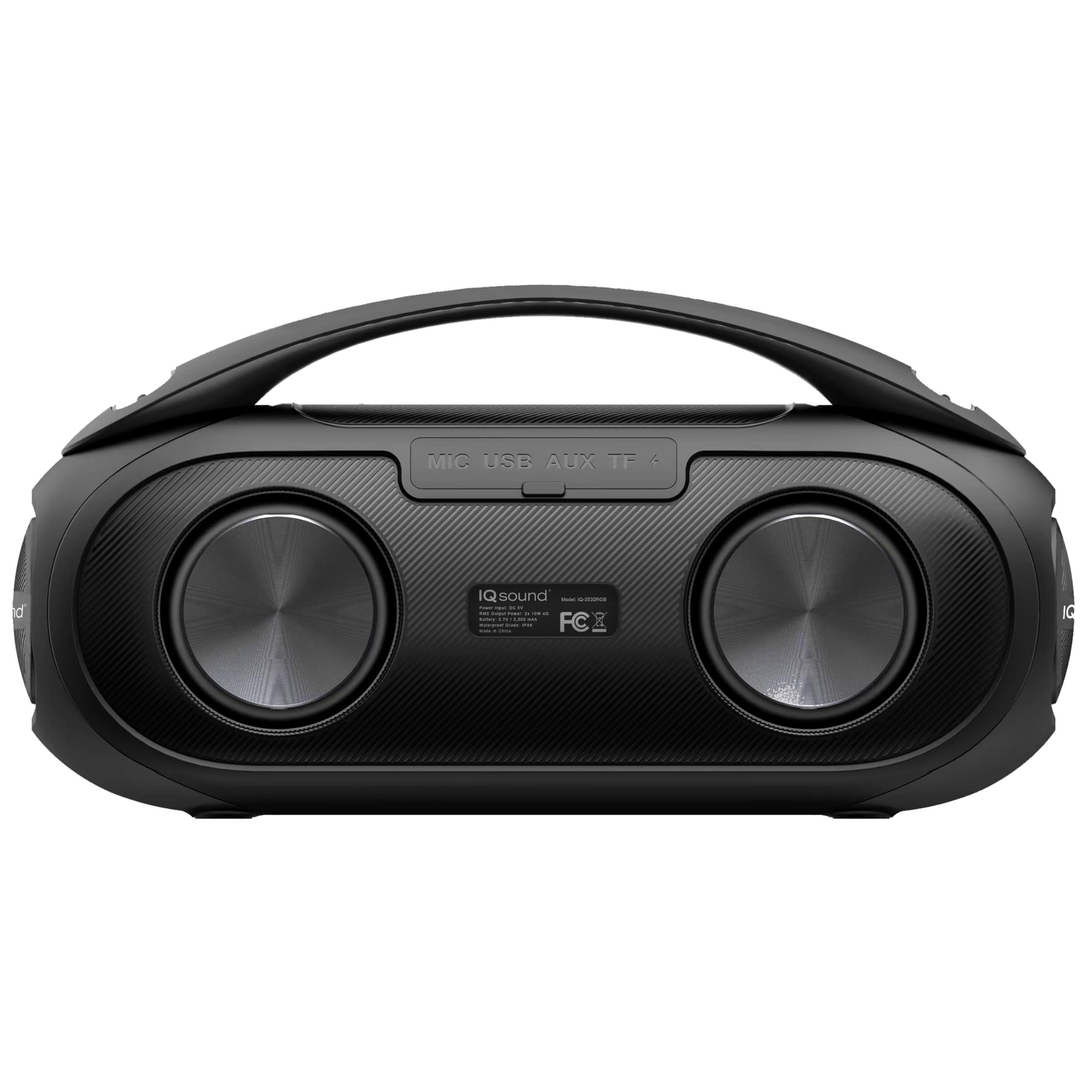 Supersonic IQ Sound IQ-3530RGB Portable Bluetooth Speaker with RGB Panel, IPX6 Water Resistant, TWS, Voice Control, Mic Input, FM Radio, USB, Line-in function, Rechargeable Battery - Perfect for any event