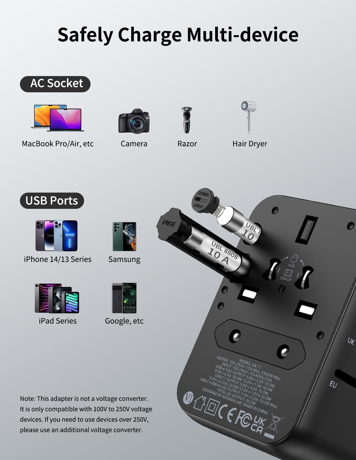 MOMAX MOMAX Universal Travel Adapter, 20W GaN Fast International Power Adapter, 2 USB A & 1 USB C, Worldwide Travel Plug Adapter, International Power Adapter for Europe, USA, Japan, Australia (Type C/A/G/I)