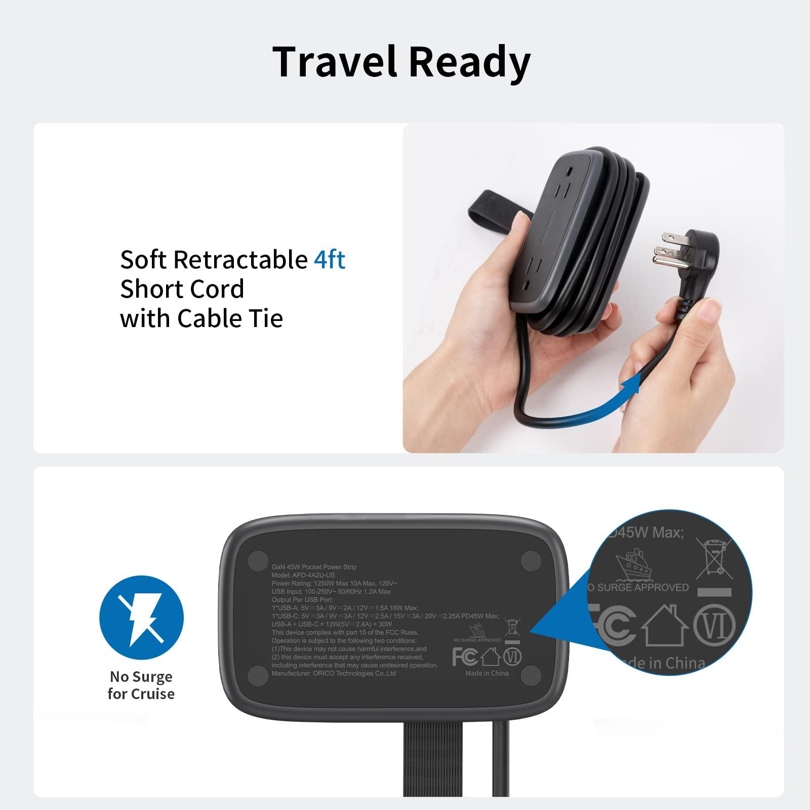 NTONPOWER Travel Power Strip with USB C, 2 Pack, GAN 63W USB-C Port, 4 Outlets 2 USB (1 USB-C), 4 ft Extension Cord Retractable, Compatible with Phone, MacBook Pro, ipad and Bank Hotel Nightstand Desktop Dorm