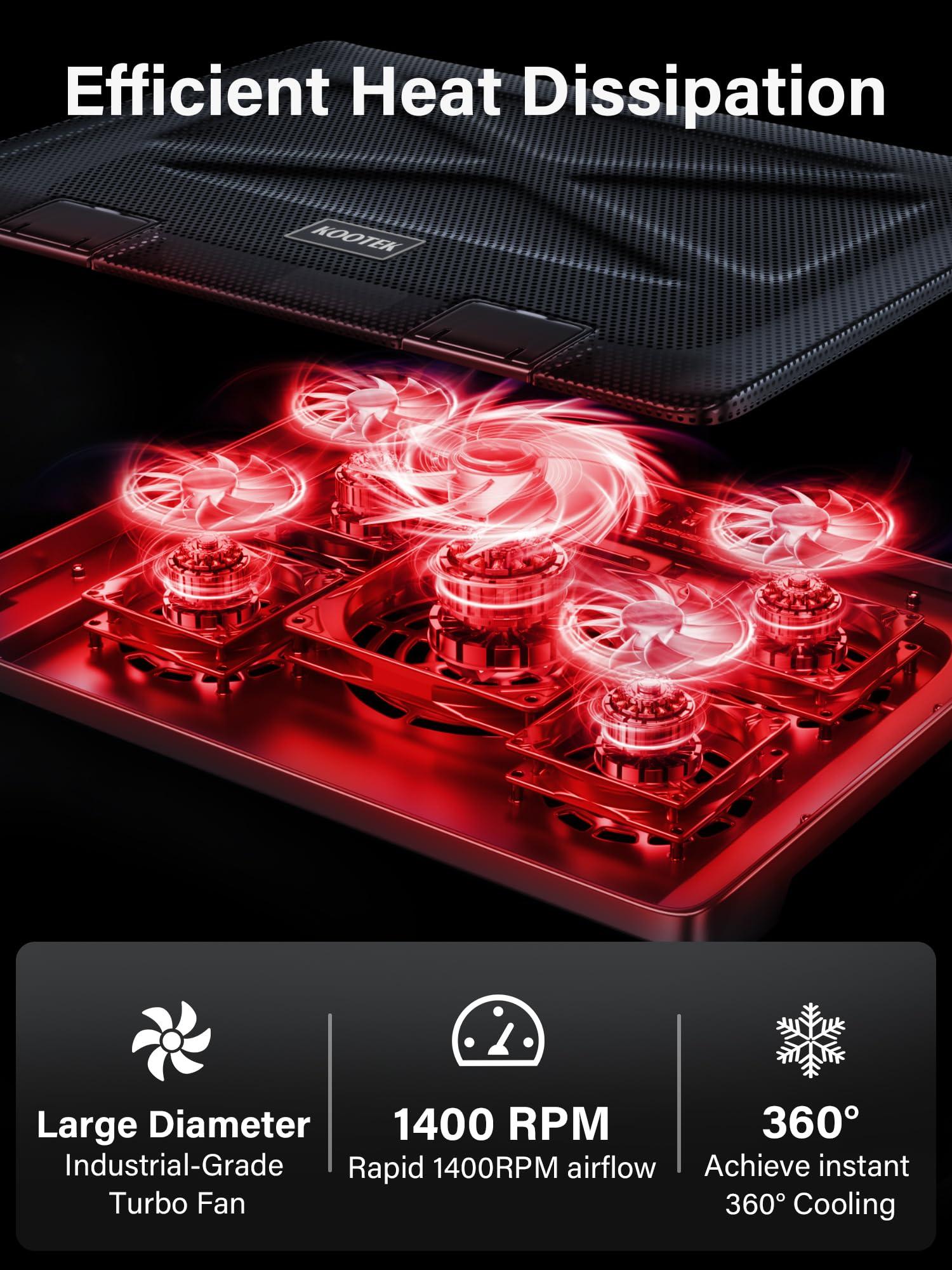 Kootek Kootek Laptop Cooling Pad, Laptop Cooler with 5 Quiet Fans for 12\"-17\" Computer PC Notebook Gaming Laptop Fan, Height Adjustable Laptop Cooling Stand Laptop Accessories, Red