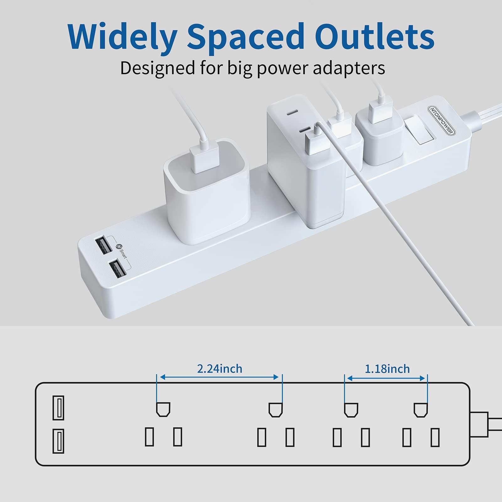 NTONPOWER NTONPOWER Long Extension Cord 25 Ft, Flat Extension Cord Under Carpet + NTONPOWER Flat Extension Cord 10 ft, 1080J Surge Protector with Long Cord