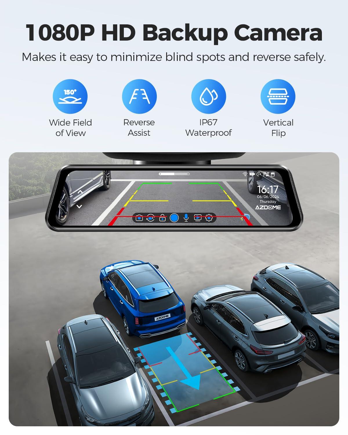 AZDOME AZDOME PG17 4K 12" Mirror Dash Cam Front and Rear, WiFi Rear View Mirror Camera with 64GB Card, Waterproof 1080P Rear Camera, GPS, Voice Control, WDR Night Vision, Driving Assistant