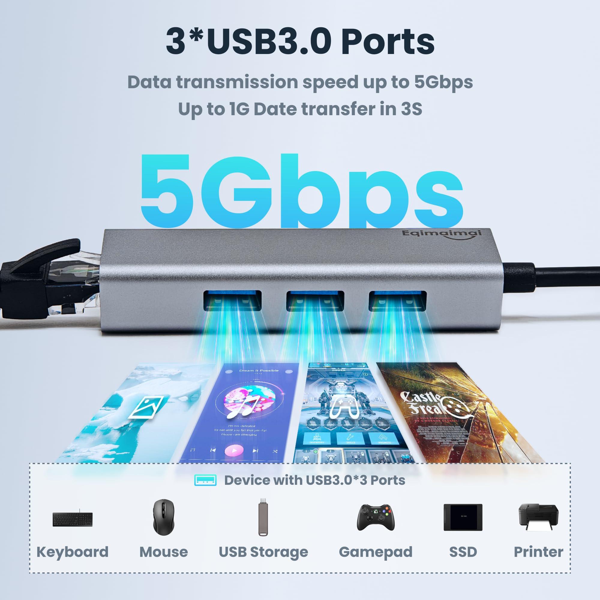 eqimaimai USB to Ethernet Adapter,USB Hub with Ethernet,USB 3.0 Hub with RJ45,USB A to Ethernet with USB 3.0 Ports,USB Hub with 1GB RJ45 Ethernet,Compatible with Windows,Mac OS,Linux,and More