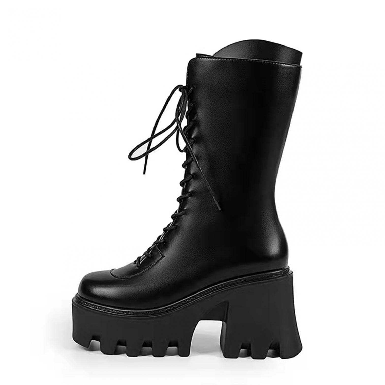 Bcshiye Bcshiye Womens Platform Mid Calf Wedges Booties Winter Chunky Platform High Heel Square Toe Lace up Punk Combat Boots