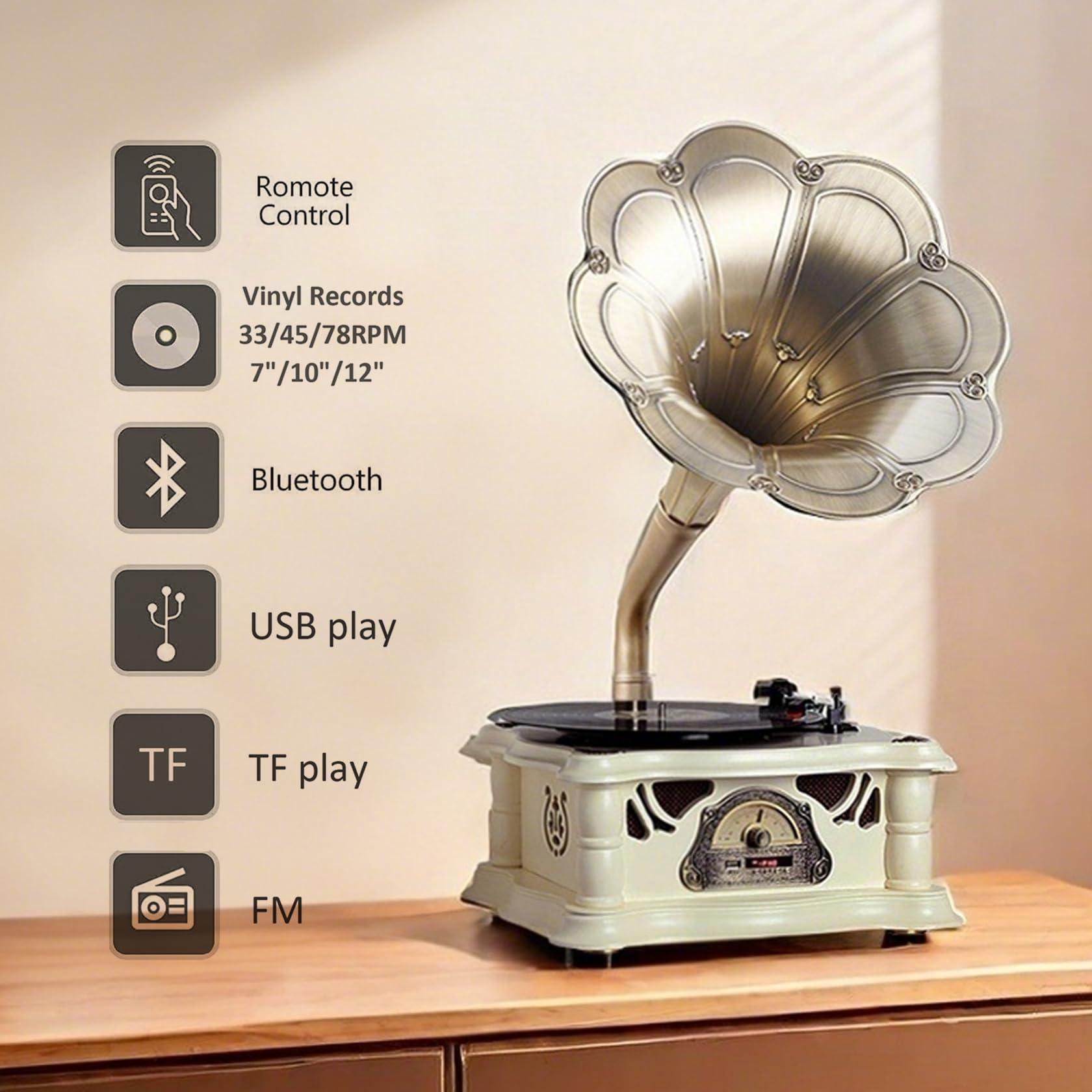 Artisam Gramophone Record Player Vintage,Retro Phonograph Vinyl Record Player,Horn Vinyl Tocadiscos DJ Turntable,Gramophone Bluetooth Speaker with USB Audio for Home/Villas/Restaurants/Parties/Classical Fans