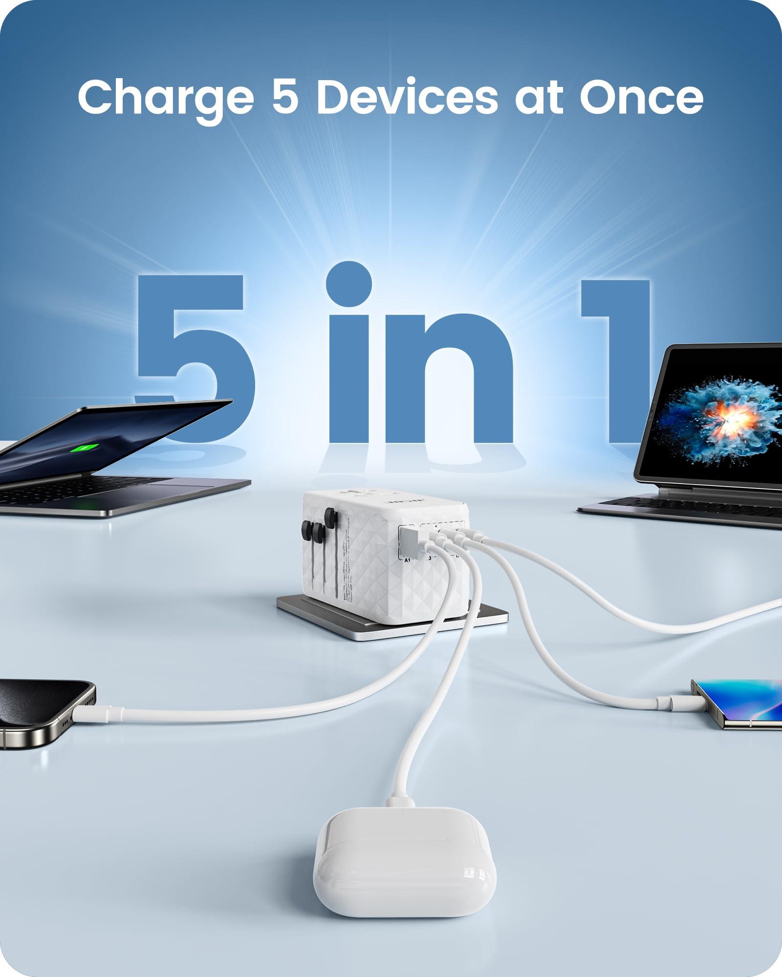 LENCENT LENCENT 140W International Travel Adapter, GaN Universal Travel Adapter with 1 USB-A & 3 Type C Power Adapter, Fast Charger for Phone,Laptops, Worldwide Plug Adapter for USA/UK/EU/AUS, White