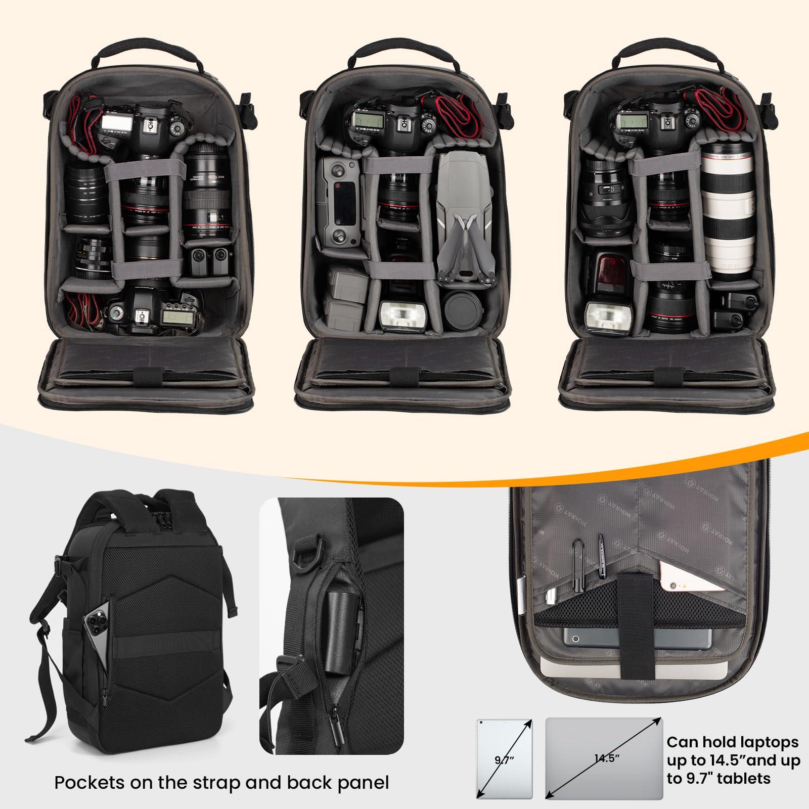 TARION TARION Hardshell Camera Backpack: 3-side Hard Case Photography Bag DSLR Backpack with Waterproof Raincover, Laptop/Tripod Compartment for Men Women Photographers - Black
