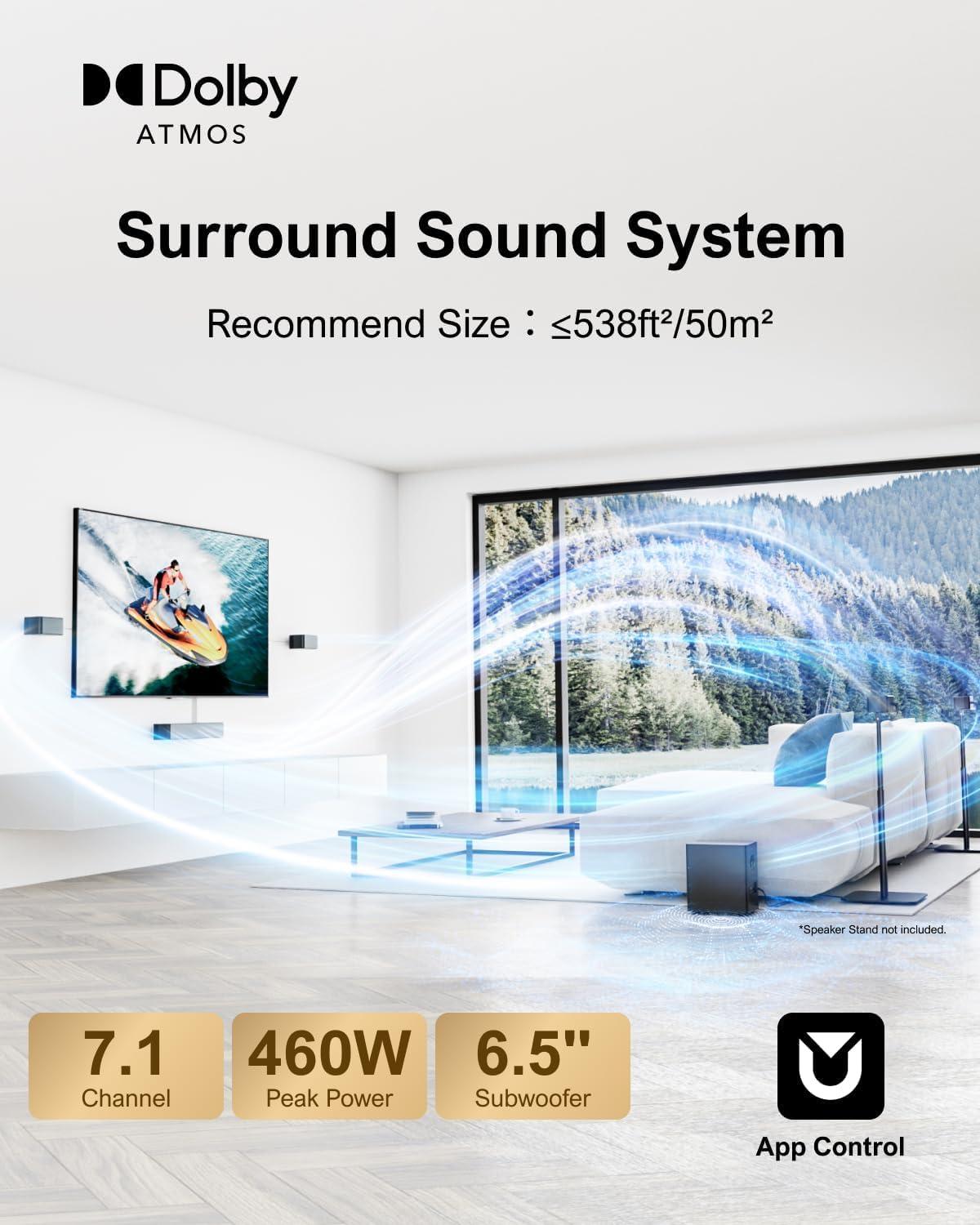 ULTIMEA ULTIMEA 7.1Ch Soundbar with Dolby Atmos, APP Control, Surround Sound System for TV, 4 Wired Surround Speakers, Sound Bar for TV with 6.5" Wireless Subwoofer, Soundbar for TV, Poseidon D80 Upgraded