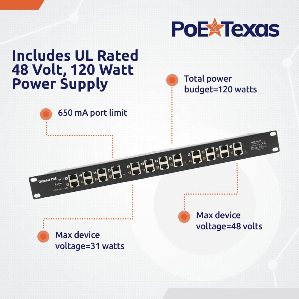 PoE Texas PoE Texas - PoE Injector - 12 Port Gigabit Passive Midspan Injector with 48V 120 Watt UL Power Supply - Power Over Ethernet for 802.3af or at (PoE+) Devices VoIP Phone, WiFi Access Point, IP Camera
