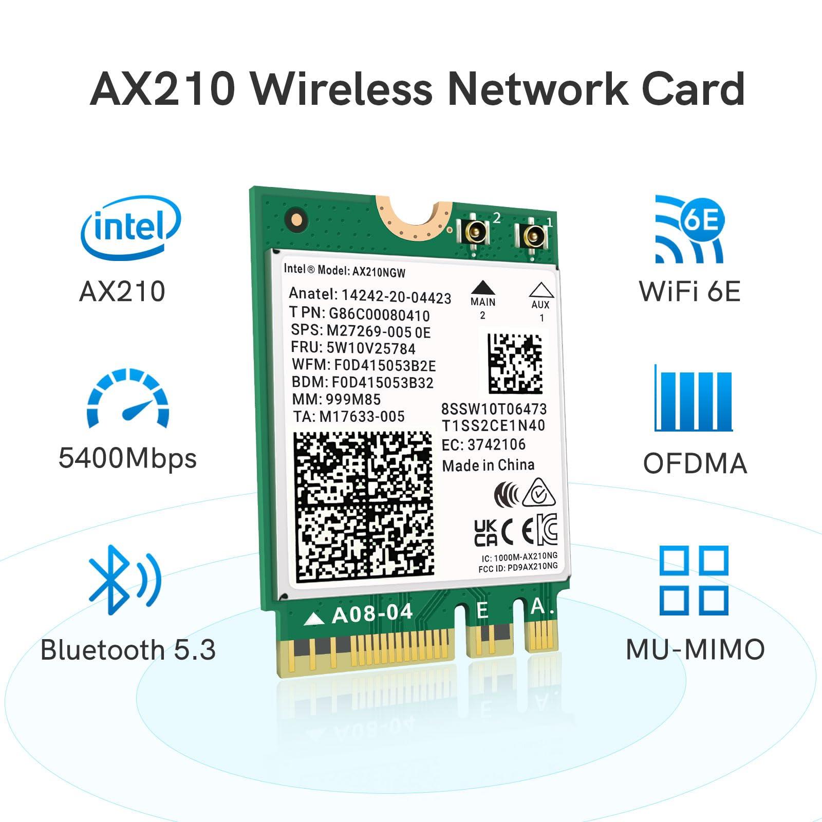 QFly QFly WiFi 6E AX210 NGW Wireless Card with Bluetooth 5.3, Tri-Band 5400Mbps Network Adapter for Laptop Support Windows 10/11 (64bit) M.2/NGFF