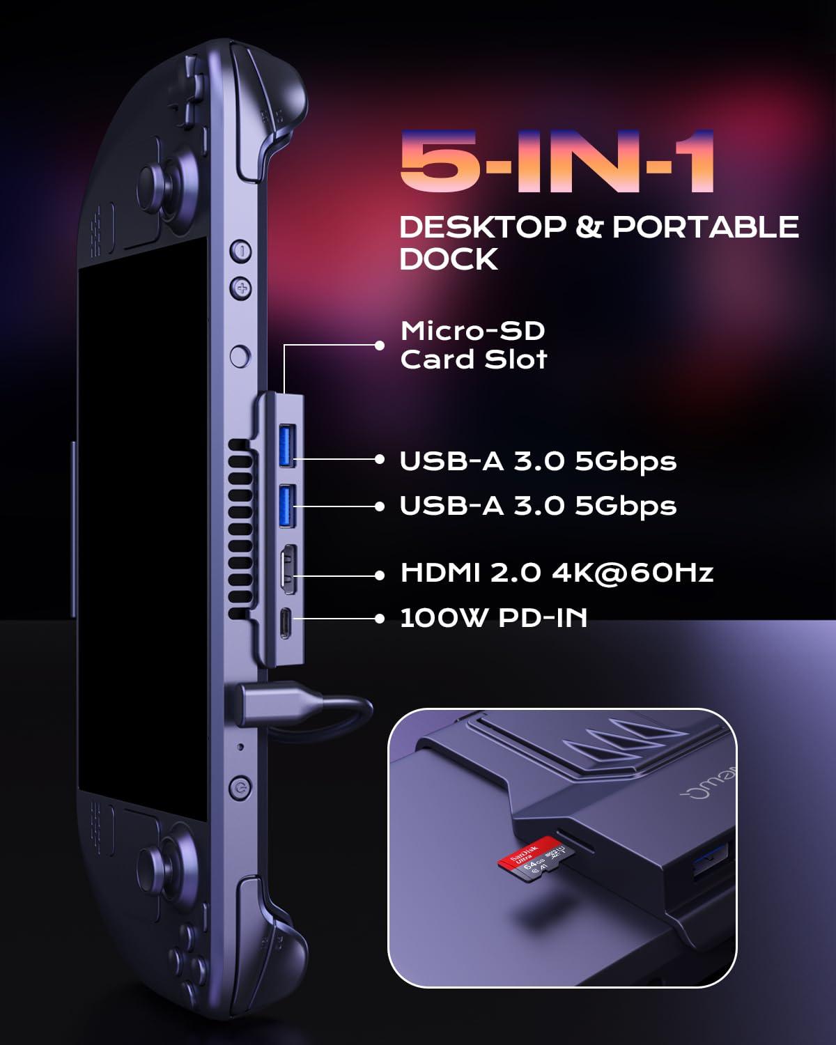 NEWQ Steam Deck Dock for Steam Deck/OLED, Portable Stand Design USB C Hub with TF Card Slot, HDMI 2.0 4K@60Hz Display, 2*USB-A 3.0, USB-C PD 100W Max, Stream Deck Stand Base Accessories