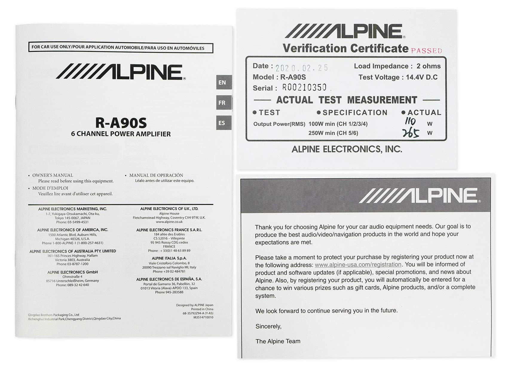 Alpine Alpine R-A90S 900 Watt R-Series 6-Channel Car Audio Amplifier Class D Amp Bundle with Rockville RWK4CU 4 AWG Gauge 100% Copper Complete Amp Installation Wire Kit OFC