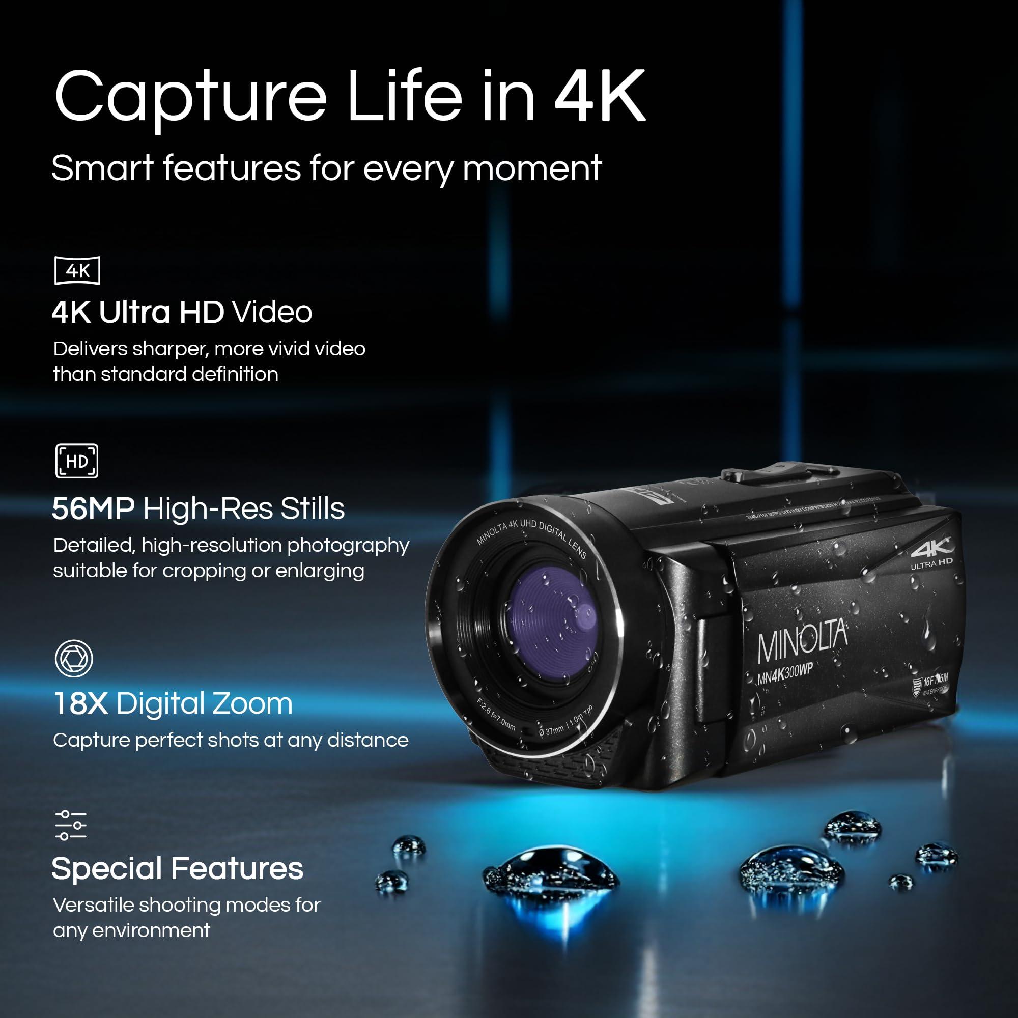 Minolta Minolta Waterproof Camcorder 4K Ultra HD Video, 56MP Photos, 18X Zoom, 3-inch LCD Screen, Time Lapse, Loop Recording, Photo Burst, Anti-Shake, Webcam Mode, HDMI/USB (Black)