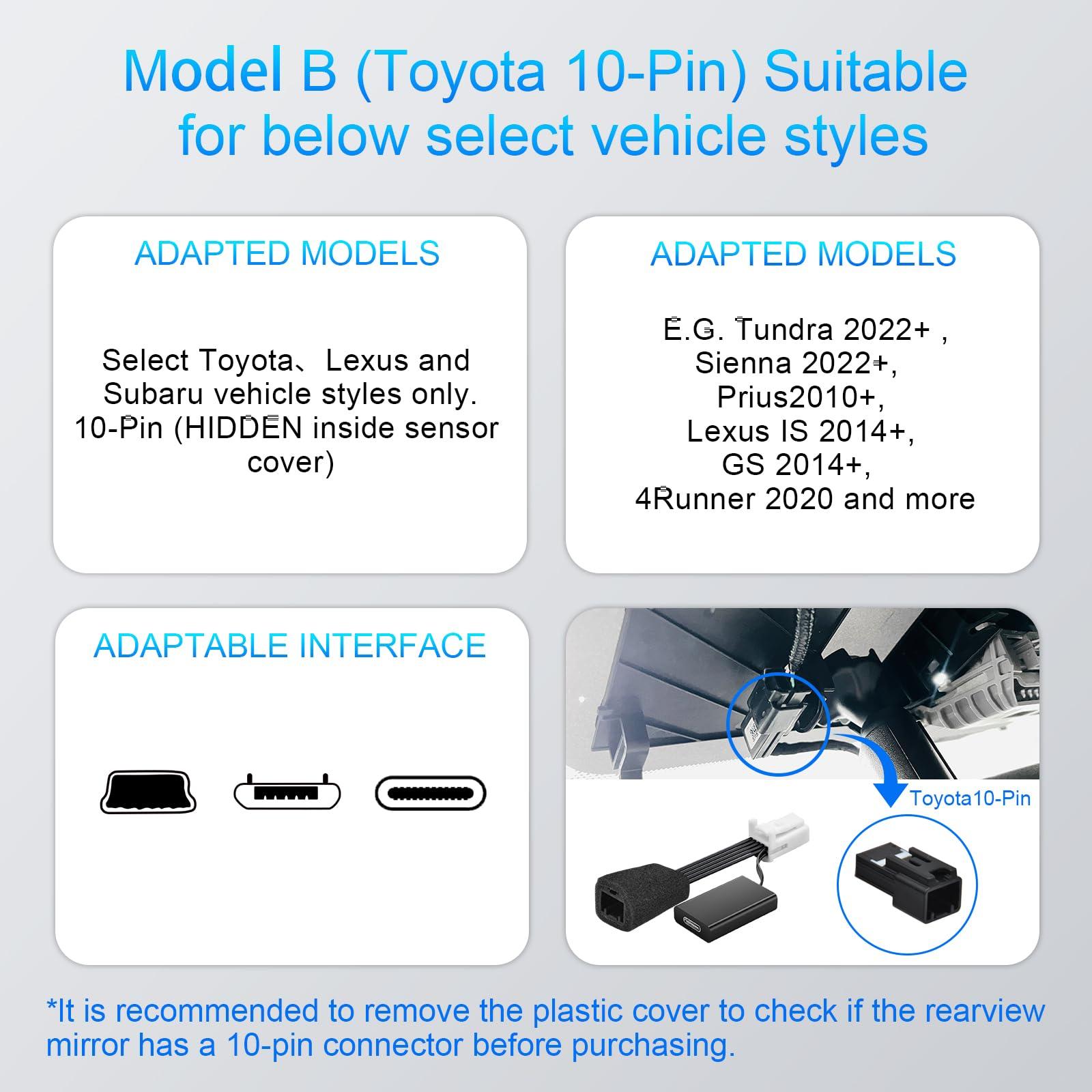 mangoal mangoal Dashcam Power Adapter 10 Pin (Model B) Fit for Toyota Lexus Subaru,Tundra Sienna 4Runner and More,Hide The Wires,GPS Radar Mirror Camera Dash Cam Adapter Cable,Connects to autodimming Mirror