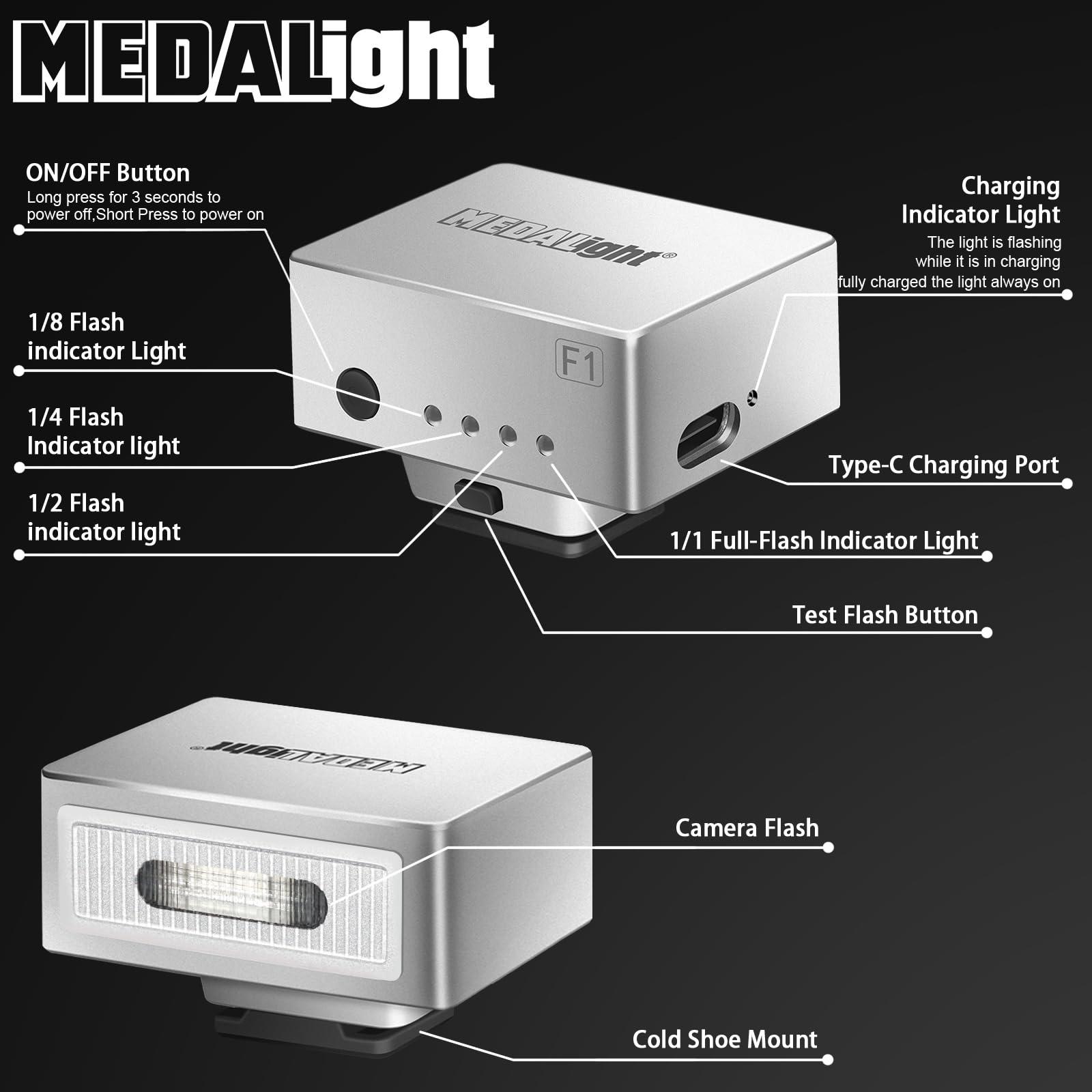 MEDALight MEDALight F1 Mini Camera Flash Camera Flash Speedlite for Ricoh (GR3/GR3X,etc.) Fuji/Sony/Nikon/Canon,Digital Film Cameras,Portable Mini hot Shoe Flashlight for DSLR Cameras.(Silver)