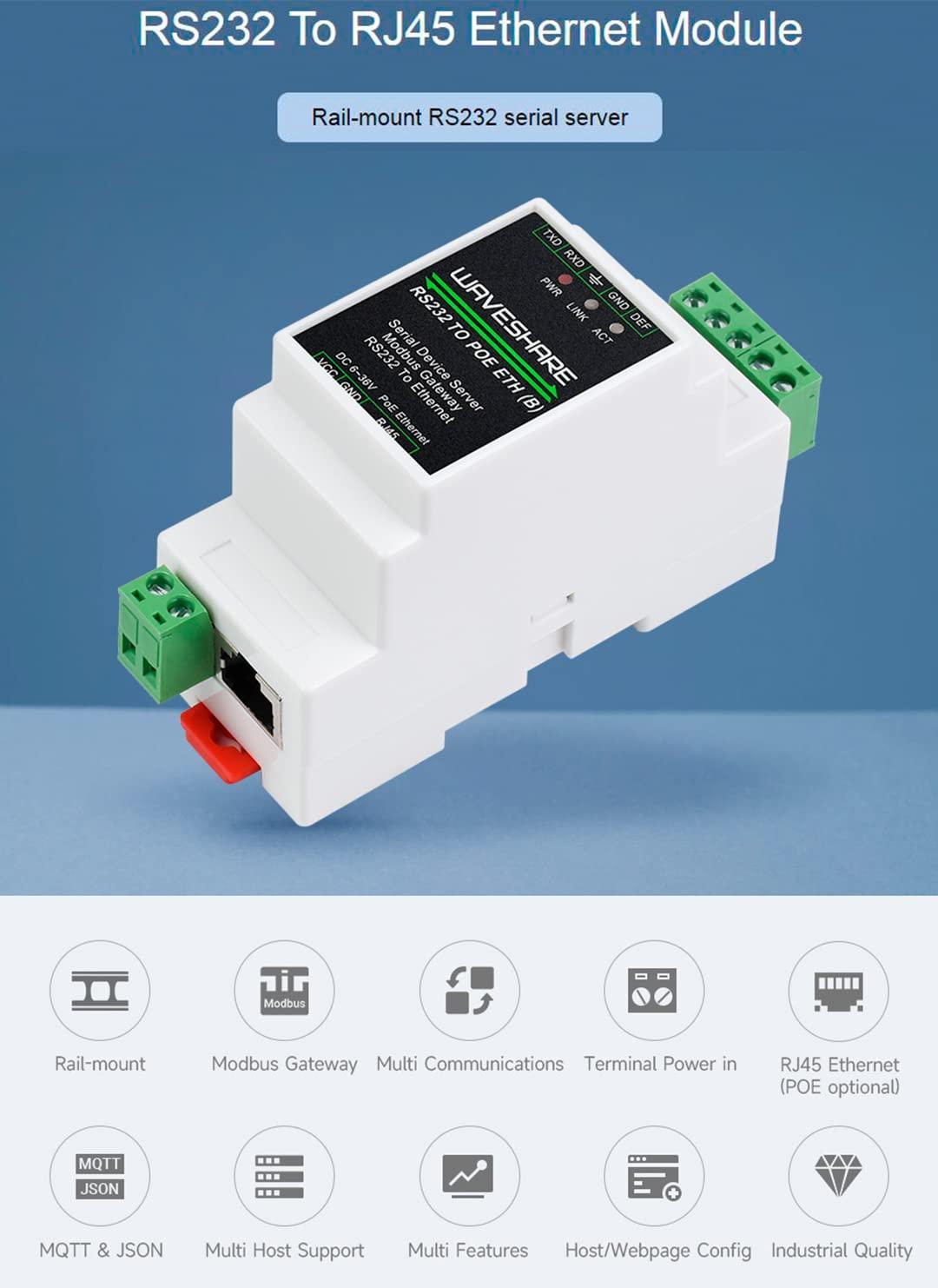 waveshare waveshare RS232 to RJ45 Ethernet Bi-Directional Converter Adapter Module, Industrial Rail-Mount RS232 Serial Server, TCP/IP to Serial, Support Modbus Gateway, Multi Communication Modes