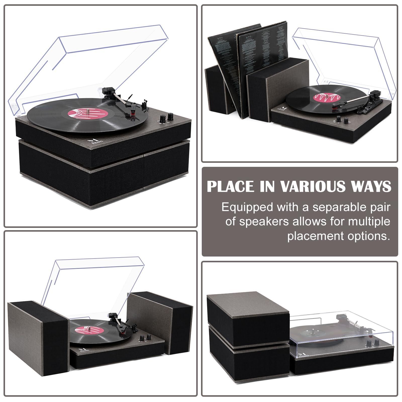 M MUSIC PUBLIC KINGDOM MPK Bluetooth Record Player,Turntable HiFi System with Bookshelf Speakers, 3-Speed Belt-Drive Vinyl Turntable for Vinyl Records with Wireless Playback and Auto-Stop,Grey Cloth Pattern