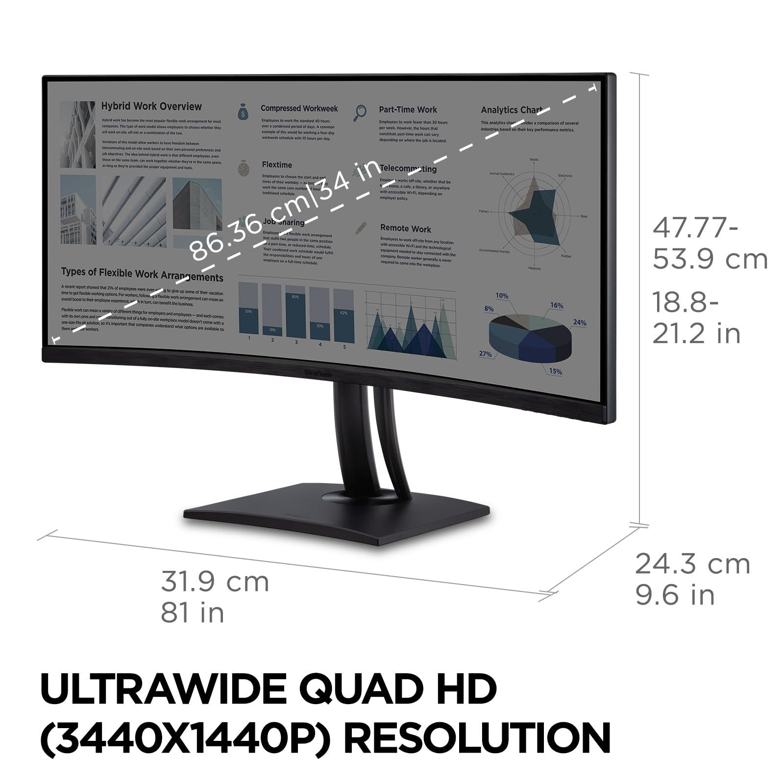 ViewSonic ViewSonic VP3456A 34 Inch Ultrawide QHD 1440p Curved Monitor with 100W USB C, Ethernet RJ45, FreeSync, USB Hub, 100% sRGB, 14-bit 3D LUT