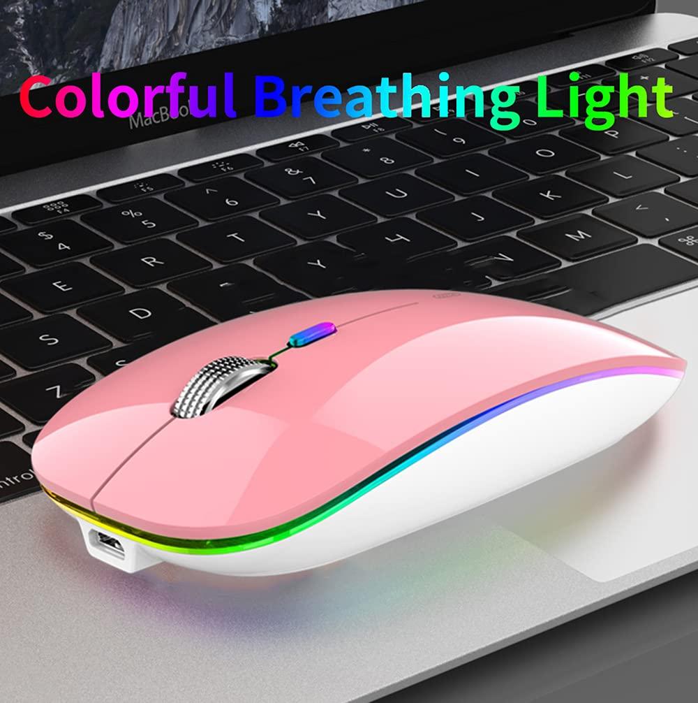 Uiosmuph Uiosmuph LED Wireless Mouse, G12 Slim Rechargeable Silent 2.4G Portable USB Optical Computer Mice with Receiver and Type C Adapter (Pink)