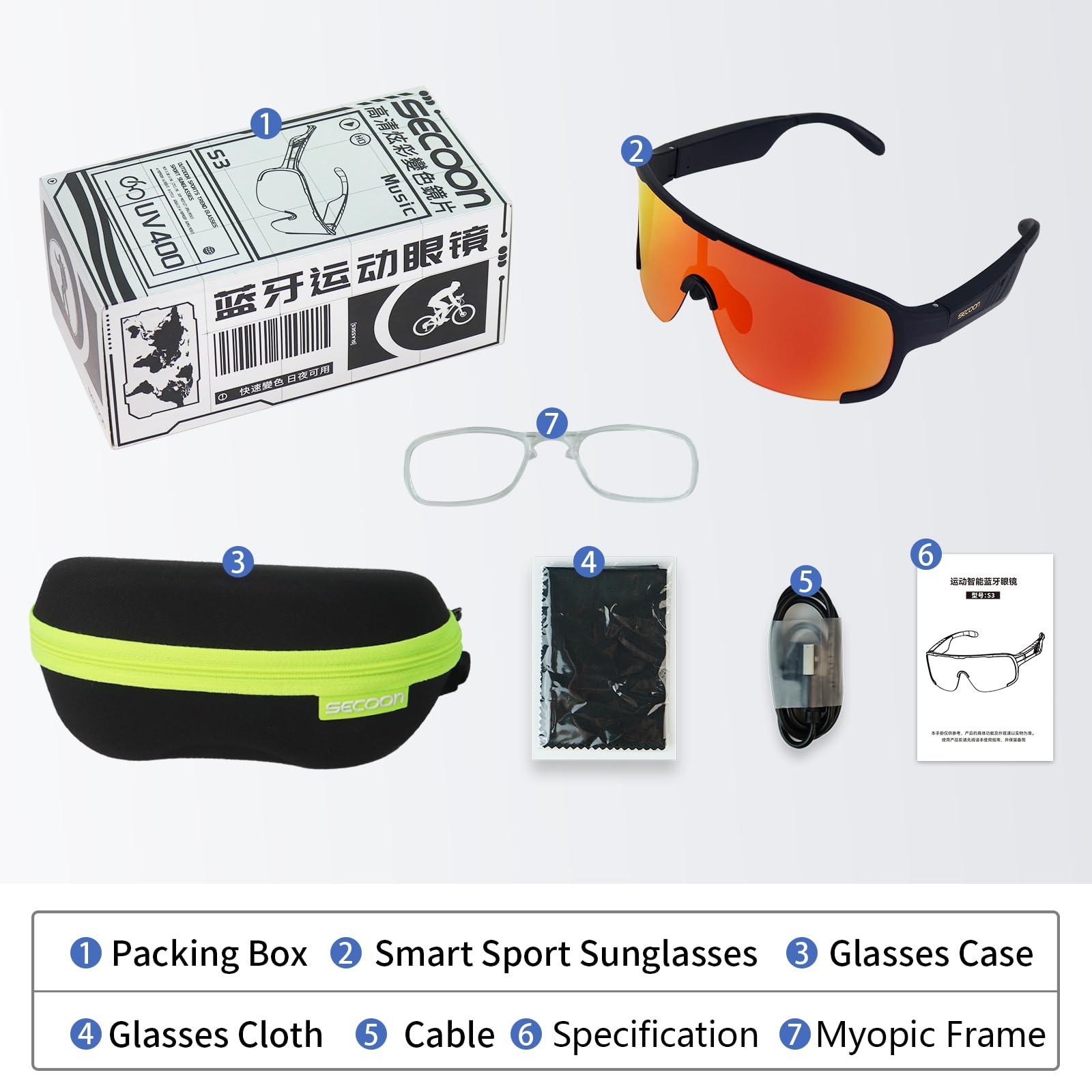 SECOON SECOON Bluetooth Safety Sunglasses for Men & Women, Sport Smart Glasses with Open Ear Audio, UV Protection & 7H Playtime Wireless Bone Conduction Glasses for Music Playing, Cycling, Running