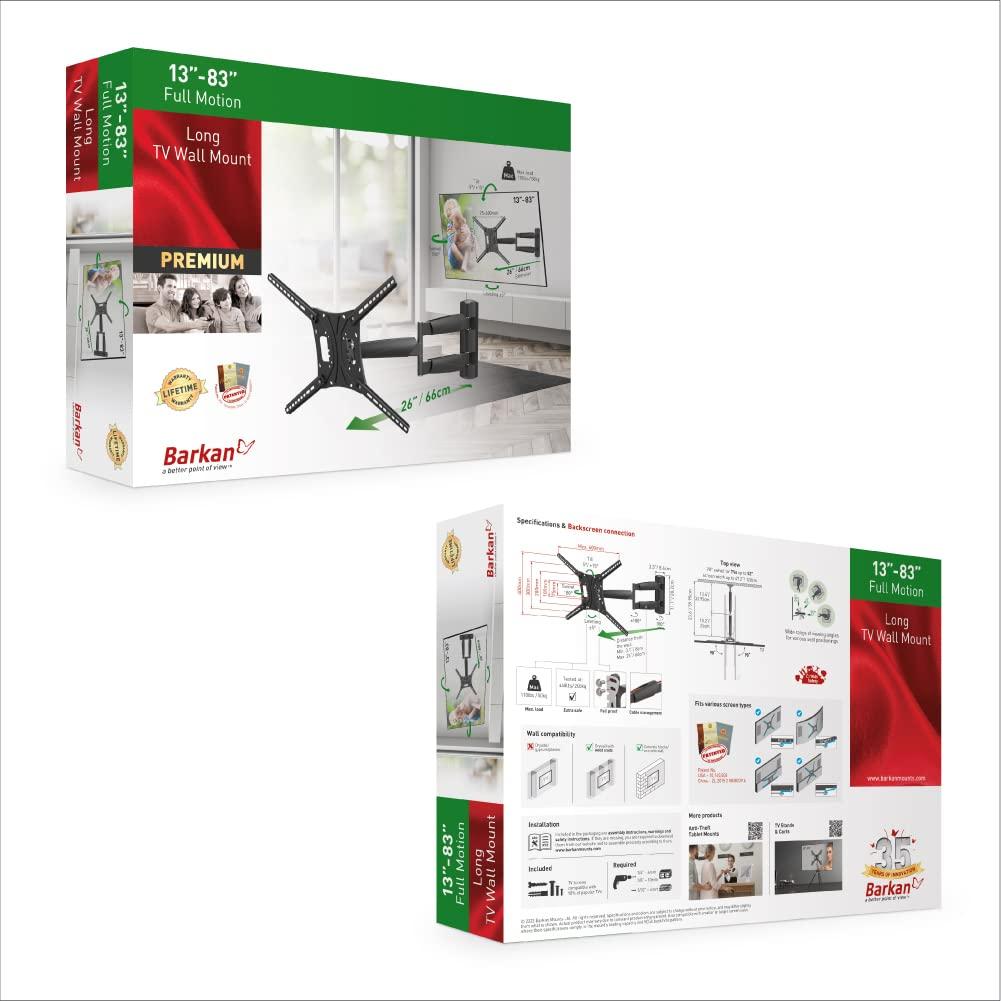 Barkan Barkan 26" / 66cm Long TV Wall Mount, 13-83 inch Full Motion Articulating - 4 Movement Premium Flat/Curved Screen Bracket, Holds up to 95lbs, Extremely Extendable, Fits LED OLED LCD