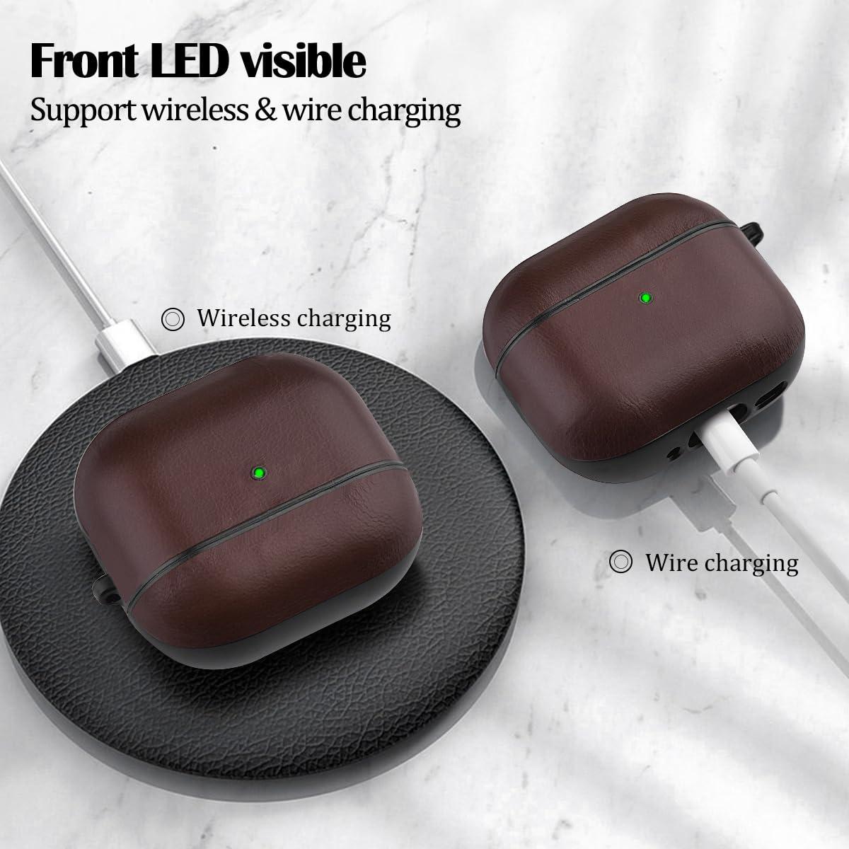 V-MORO V-MORO Compatible with Airpods 4 Case Cover Genuine Leather AirPod 4th Generation(2024) Case Men [Front LED Visible] iPod 4 Leather Hard Protective Covers Ear Skin Dark Brown