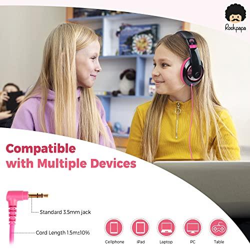 rockpapa rockpapa Comfort Kids Headphones for School, Lightweight Childrens Boys Girls Teens Over-Ear Headphones Wired 3.5mm for CD DVD Player Tablet Phone Travel Black/Pink