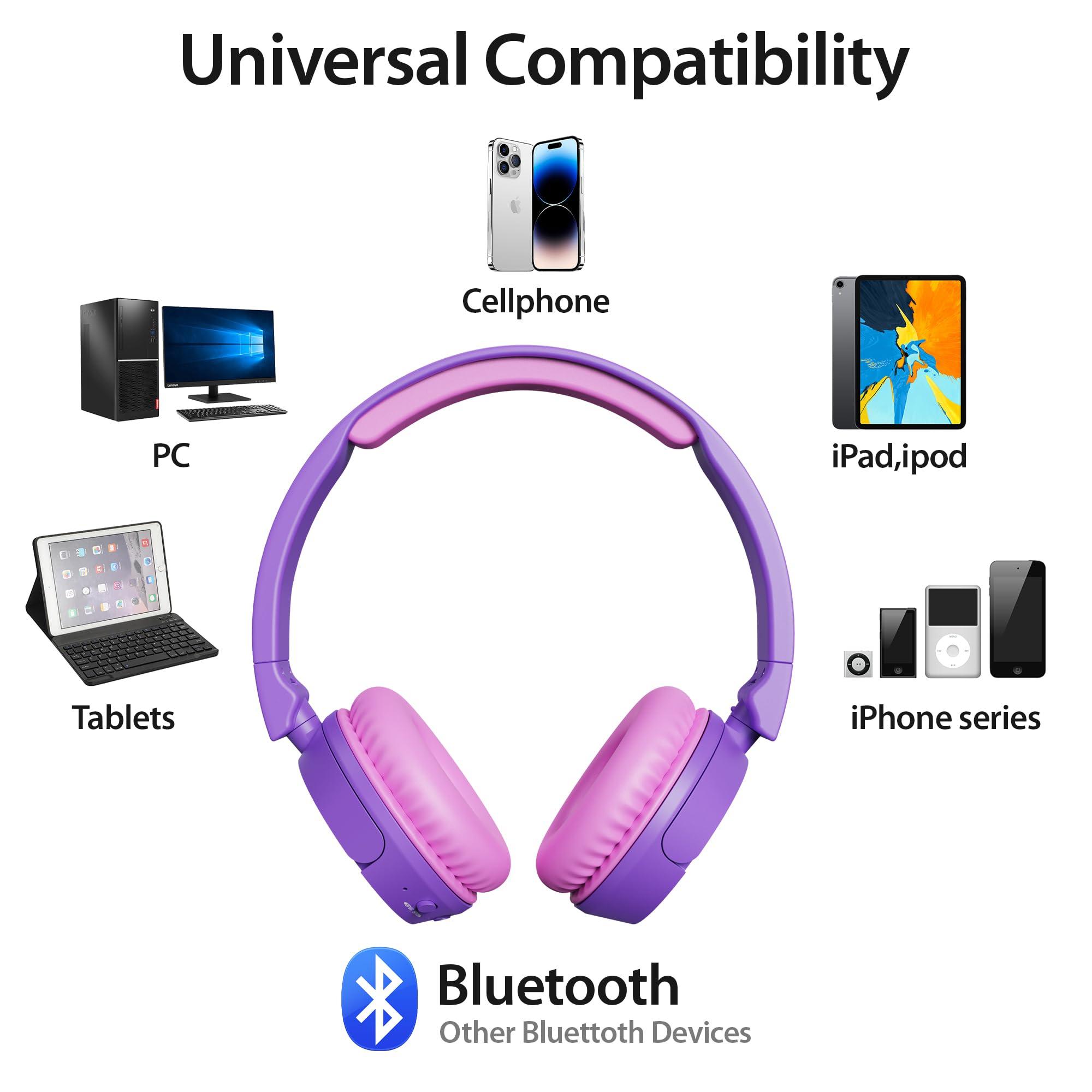 Contixo Contixo KB5 Kids Bluetooth Headphones - Wireless Over-Ear Foldable Headphones with Volume Limiter (85dB), Built-in Microphone, Adjustable & Comfortable Design for Boys & Girls - Purple + White