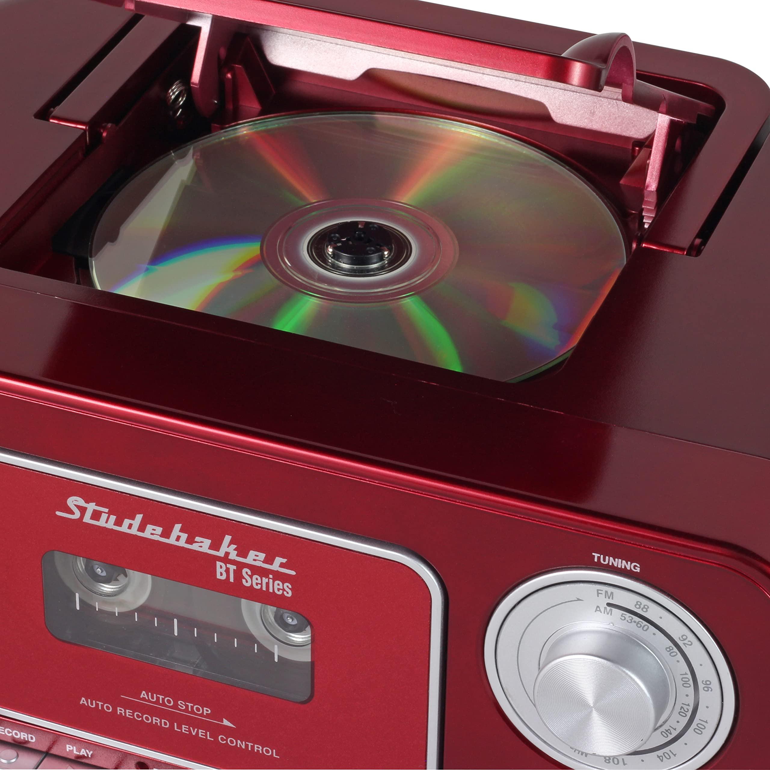 Studebaker Portable Stereo CD Player with Bluetooth, AM/FM Stereo Radio and Cassette Player/Recorder (Red & Silver)