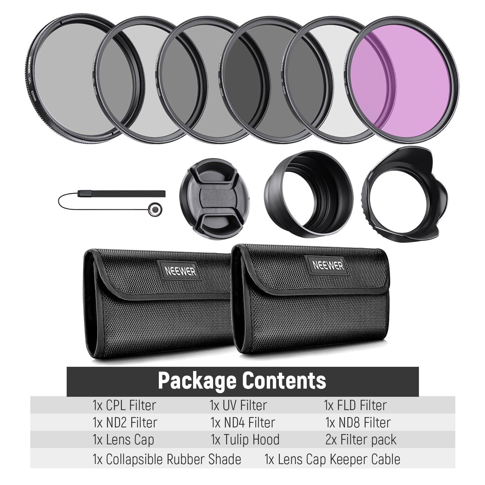 NEEWER NEEWER 43mm ND Lens Filter Kit: UV, CPL, FLD, ND2, ND4, ND8, Lens Hood and Lens Cap Compatible with Canon Nikon Sony Panasonic DSLR Cameras with 43mm Lens