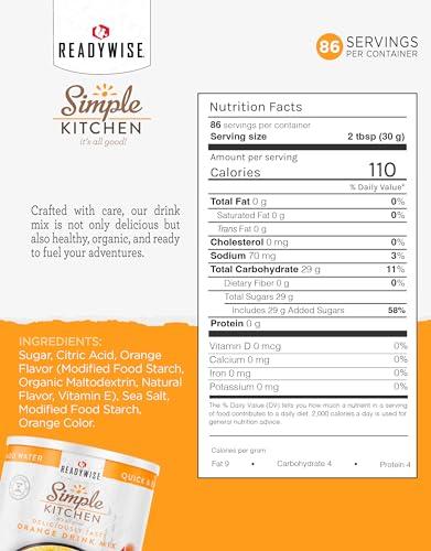 ReadyWise READYWISE - Simple Kitchen, Orange Drink Mix, 86 Servings, Healthy, Powdered Drink Mix, Healthy Drinks, Emergency Food Supply, 10 Can