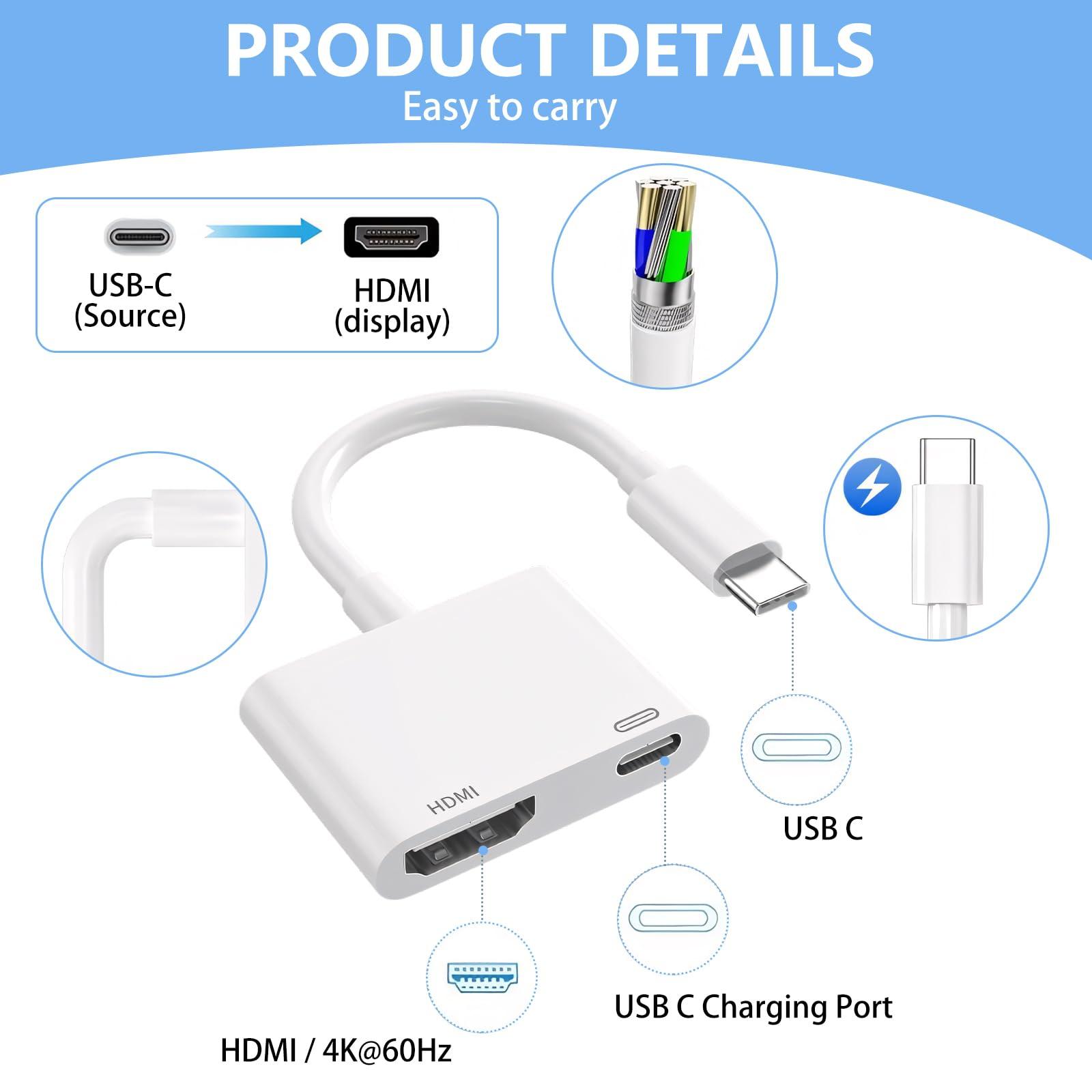 Kinhaly USB C to HDMI to iPhone 15 HDMI adapter to TV, 4K@60Hz USB C to HDMI Adapter with Charging Port, iPhone to HDMI to USB C Adapter Compatible for iPhone 16/15 Series/iPad Pro/Galaxy to HDTV Projector