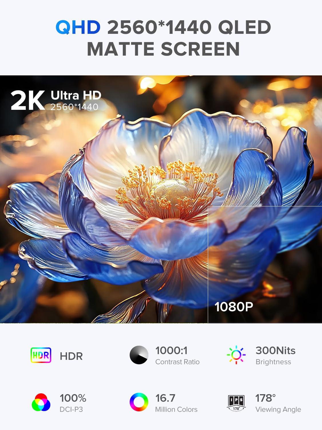 UPERFECT UPERFECT 22" QLED 2K Portable Monitor w/VESA & 180 Adjustable Stand, 25601440 QHD FreeSync IPS HDR Gaming Display, USB-C HDMI Travel Second Monitor for Laptop, Switch, Phone