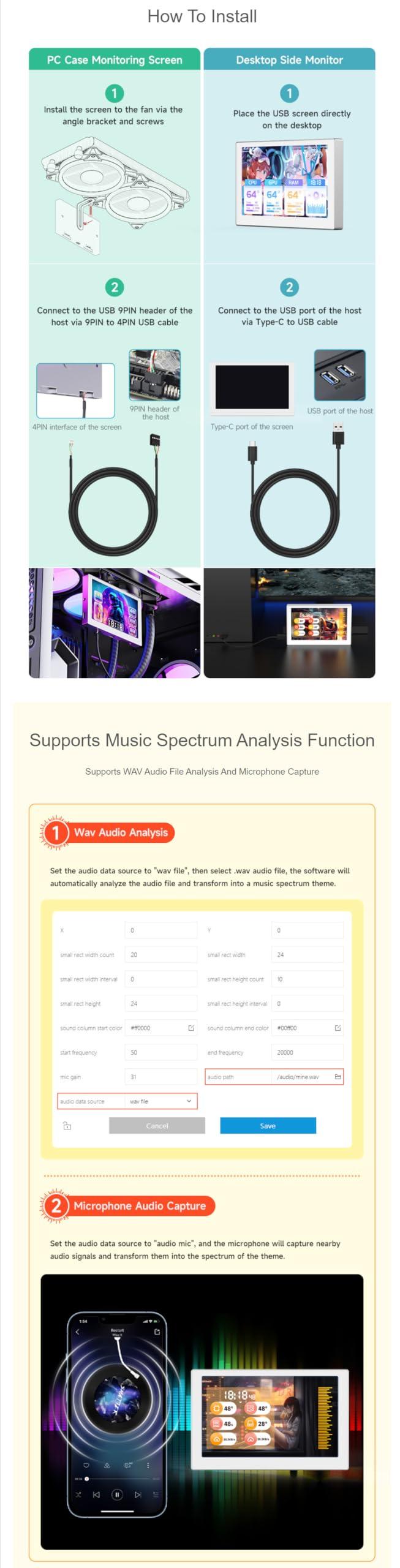 waveshare Coolwell 5 Inch USB Monitor Desktop Ambient Screen IPS Panel PC Case Secondary Screen 800480 Type-C Interface with Music Spectrum Analysis Function (Silver)