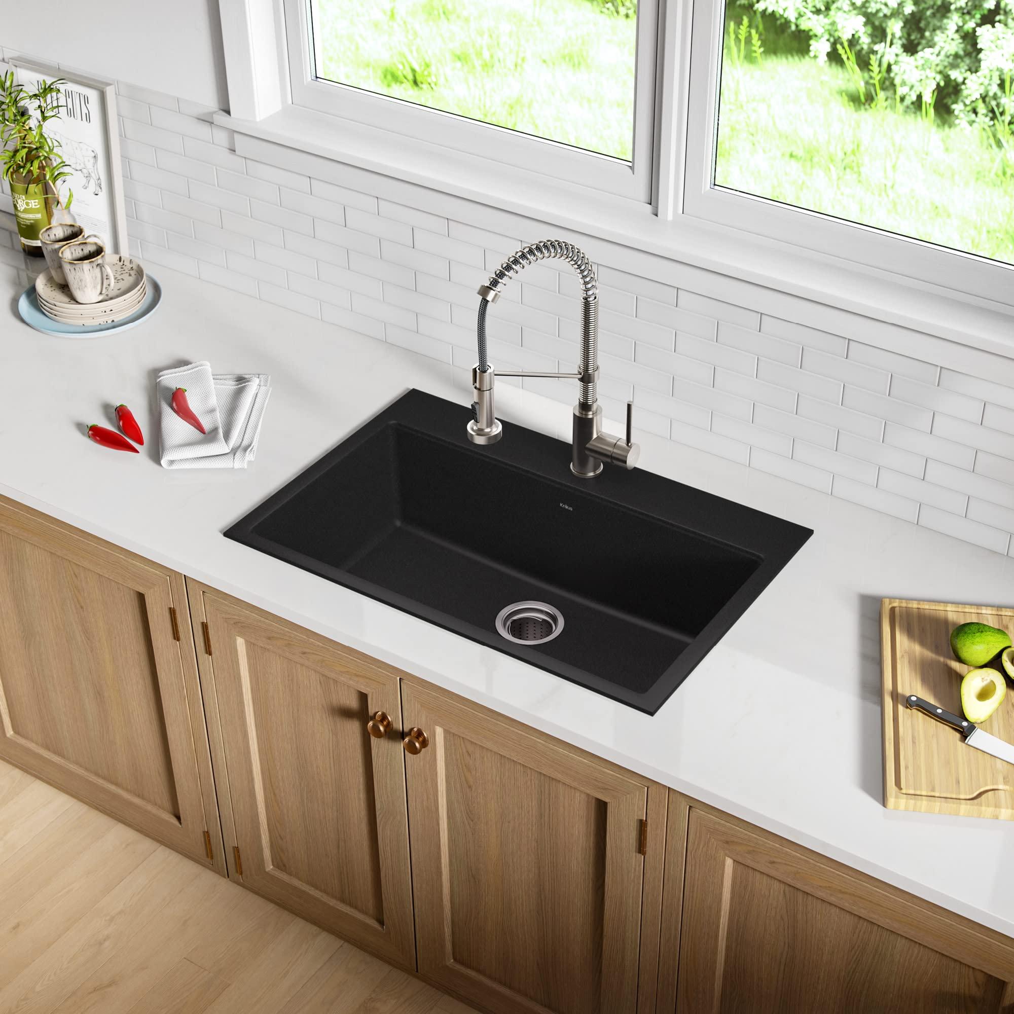 Kraus KRAUS Quarza 31-inch Drop-In/Undermount Single Bowl Granite Kitchen Sink in Black Onyx, KGD-412B